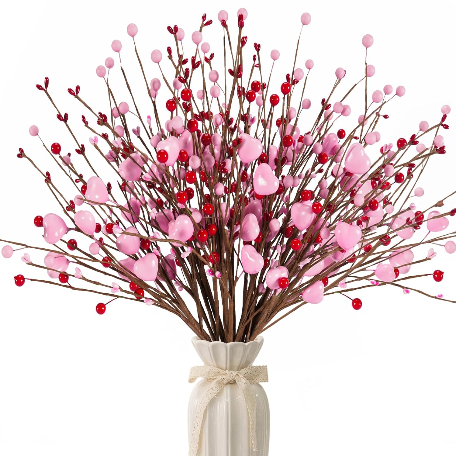 Valentines Day Decorations Valentine'S Day Gifts 24 Pack Pink Heart Shaped Berry Picks With Red Berries For Valentine Wedding Candlelight Dinner Anniversary Decorations (Pink)
