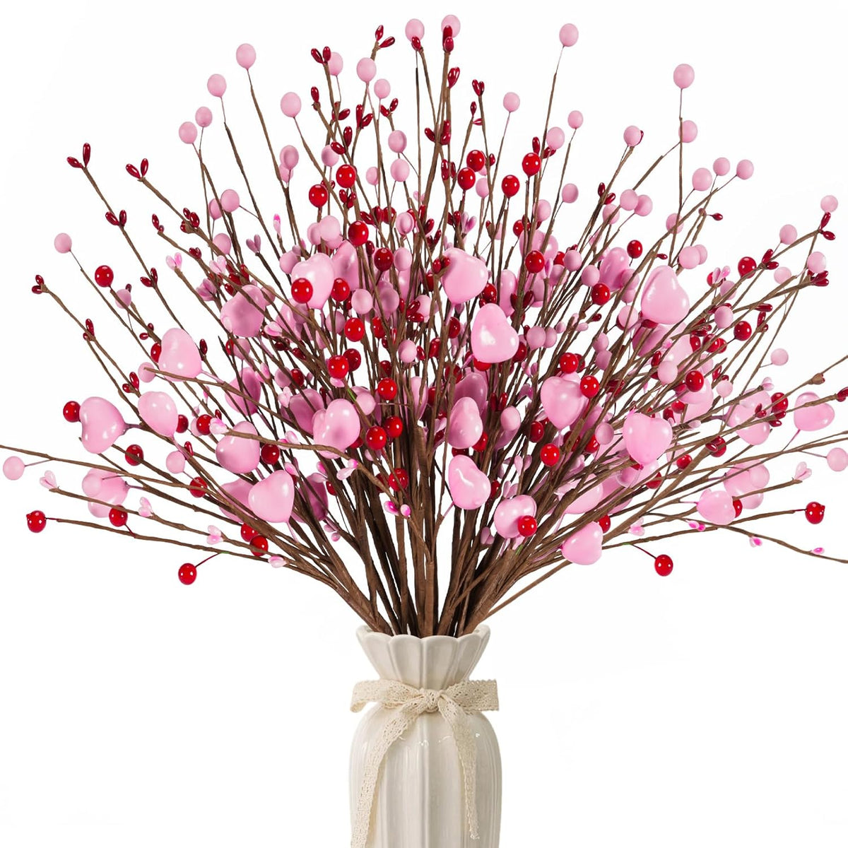 Valentines Day Decorations Valentine'S Day Gifts 24 Pack Pink Heart Shaped Berry Picks With Red Berries For Valentine Wedding Candlelight Dinner Anniversary Decorations (Pink)