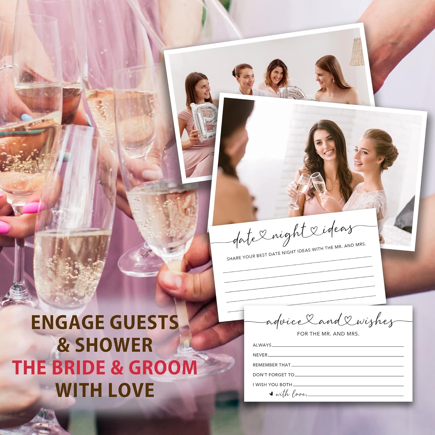 Minimalism Advice And Wishes For The Mr And Mrs - 50 Packs Wedding Advice Cards Bridal Shower Game Cards With Box Reception Guest Book For Bride Groom Newlywed Engagement Party Decoration -A02