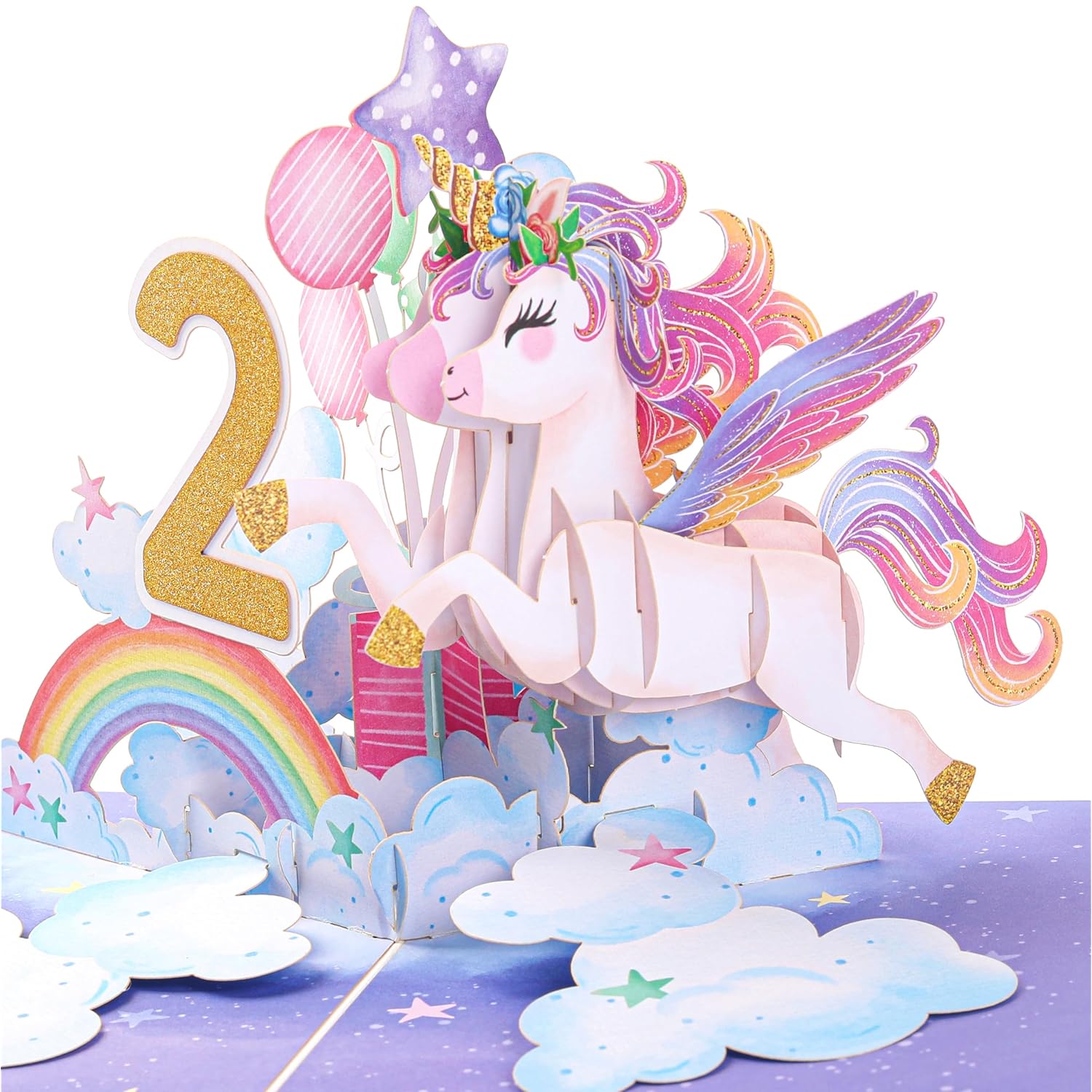 Unicorn Happy 2Nd Birthday Card, Pop Up Birthday Card For 2 Year Old For Kids, Girl, Toddler