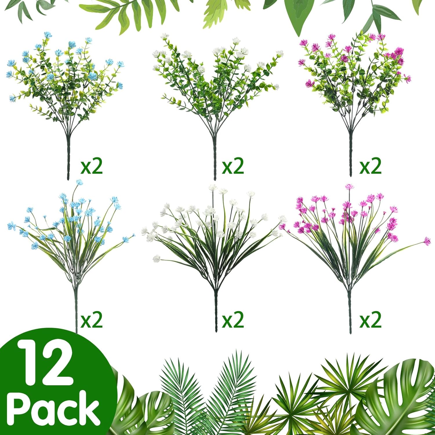 12 Bundles Artificial Flowers Outdoor, Uv Resistant Faux Artificial Plants Shrubs Plastic Flower Bulk For Hanging Planter Porch Window Home Spring Summer Decor(Blue, Purple, White)