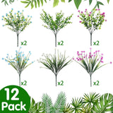 12 Bundles Artificial Flowers Outdoor, Uv Resistant Faux Artificial Plants Shrubs Plastic Flower Bulk For Hanging Planter Porch Window Home Spring Summer Decor(Blue, Purple, White)
