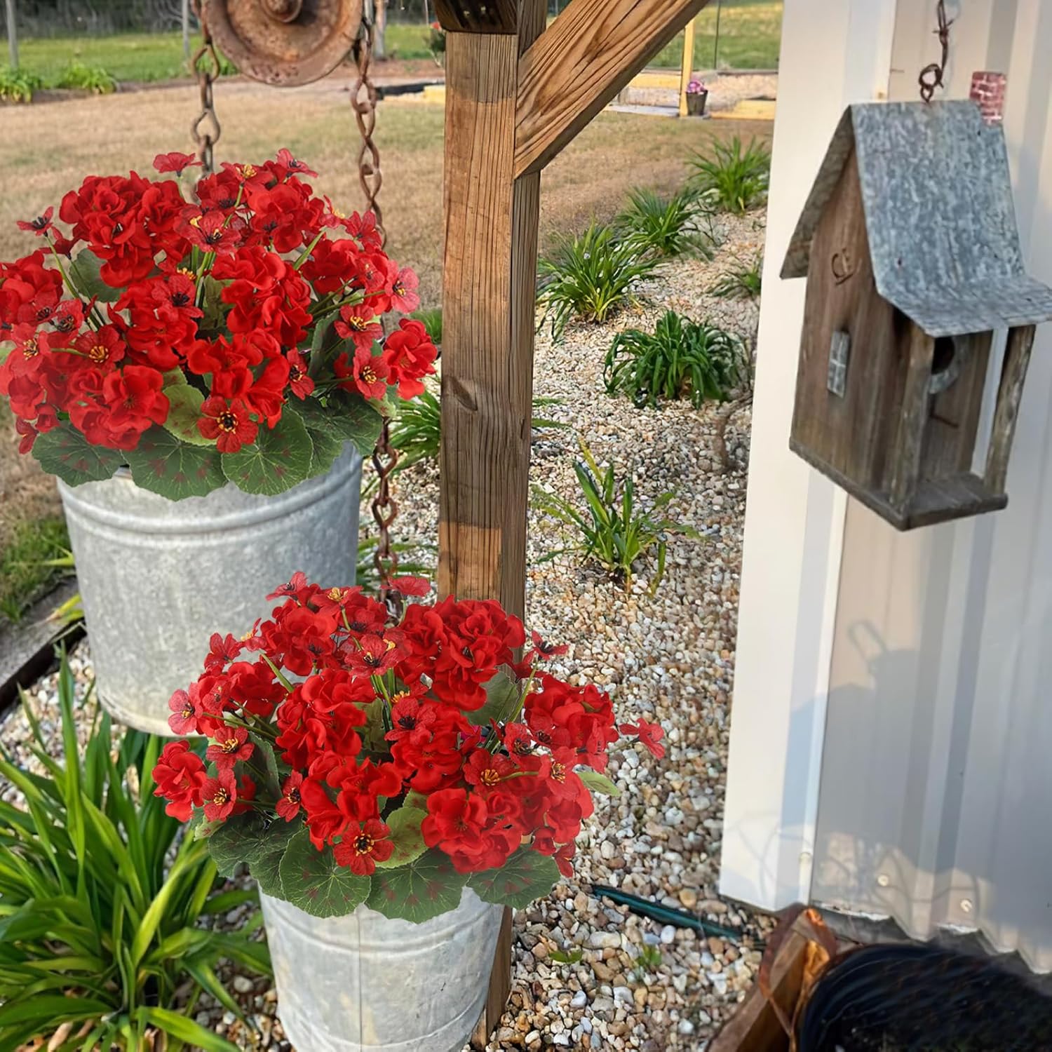 4 Pcs Artificial Flowers For Outdoors Uv Resistant Silk Geraniums Outside Bush Red Fake Faux Flowers For Outdoor Planters Cemetery Decor Garden Patio Grave Table Centerpiece