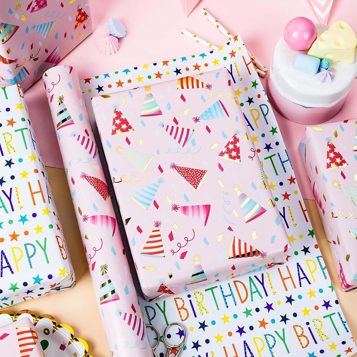 Birthday Hat Wrapping Paper, Reversible Happy Birthday Design Gift Wrap For Baby Shower, Valentines, Mothers Day, Graduation, Wedding, Fathers Day, Christmas (17 Inch X 32.8 Feet)