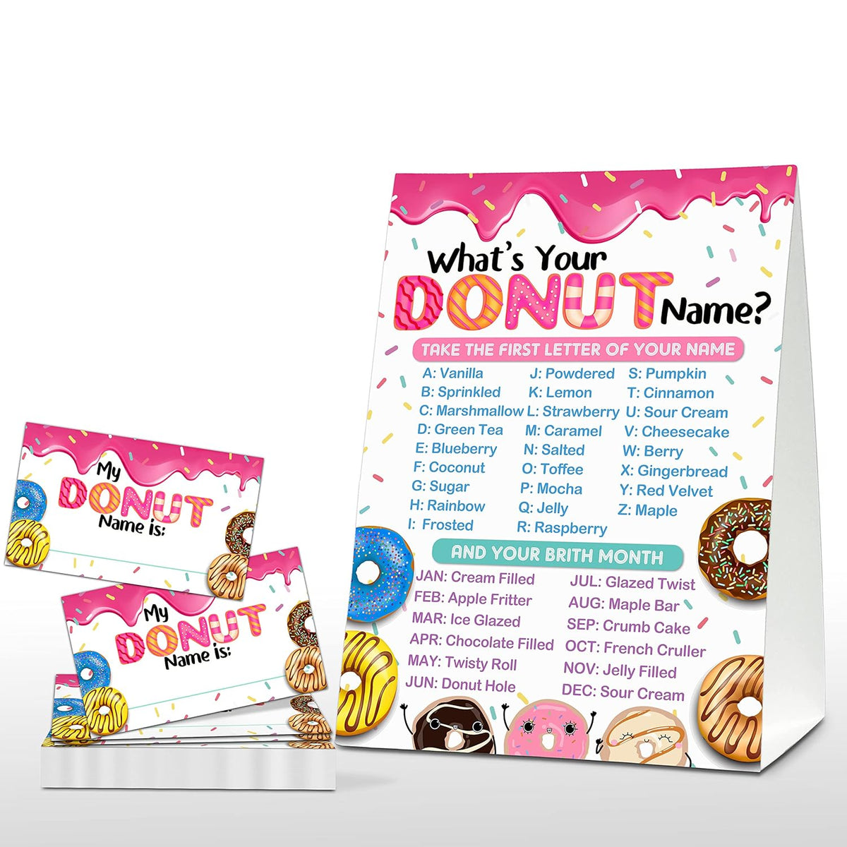 What'S Your Donut Name Game - Sweet Donut Birthday Party Games For Adult - Family Activity - 1 Standing Sign And 30 Stickers - Adult Doughnut Party Supplies Decorations(09)