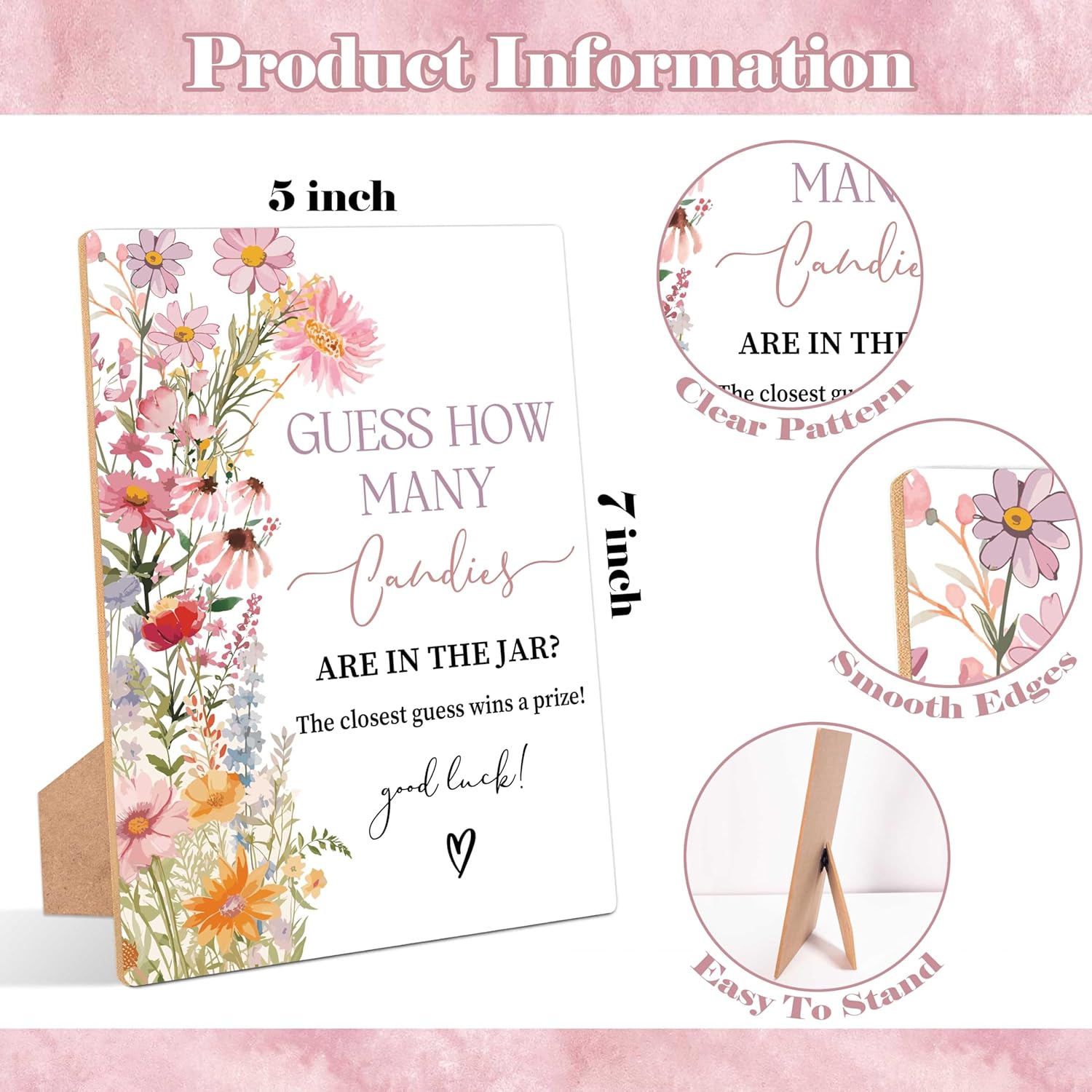 Wildflower Guess How Many Candies Are In The Jar Game, Pack Of 1 Wooden Tabletop Sign With Stand And 50 Guessing Cards, Floral Baby Shower Game, Gender Reveal Party Decorations - Wv17