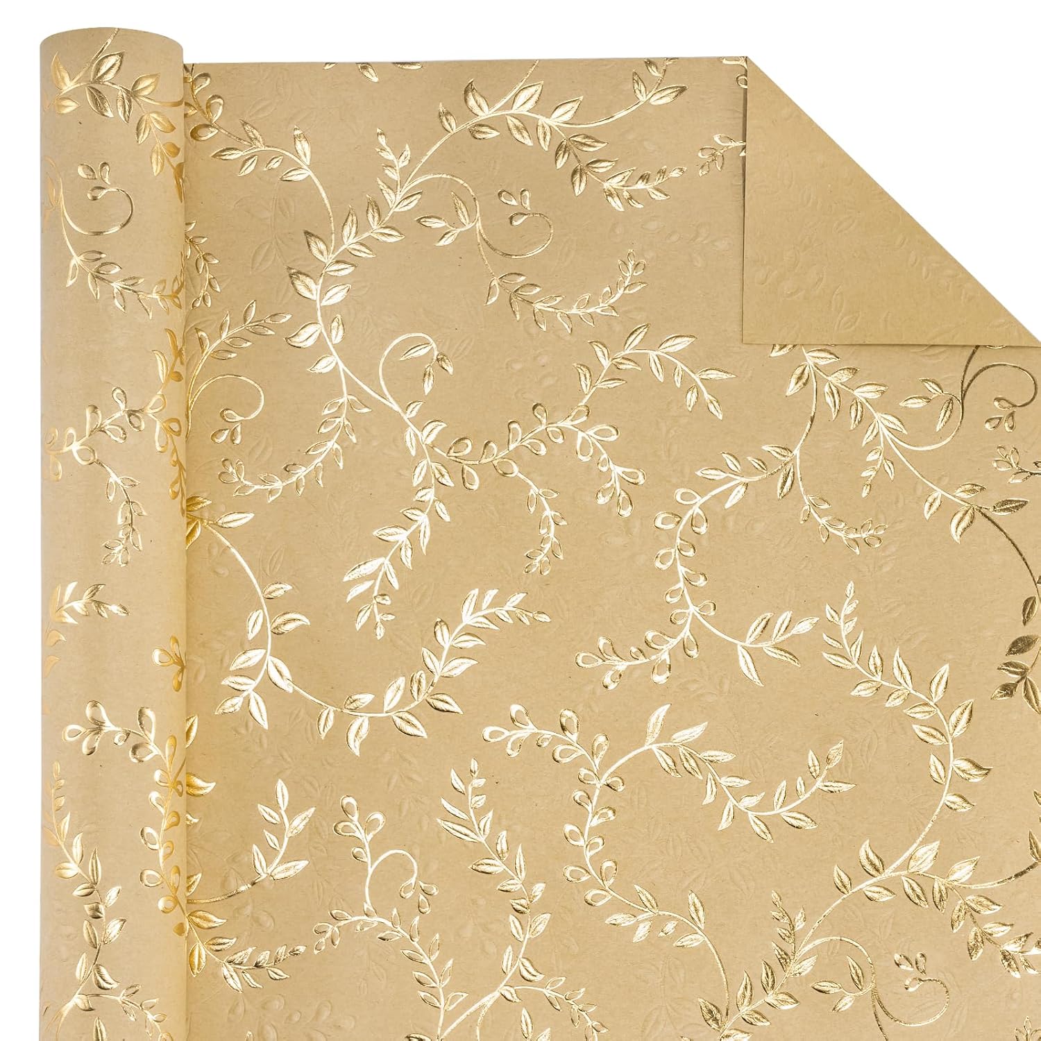 3D Kraft Wrapping Paper Roll - Mini Roll - 17 Inch X 16.5 Feet - Gold And Brown Leaves Design With Embossed Perfect For Birthday, Holiday, Wedding, Baby Shower