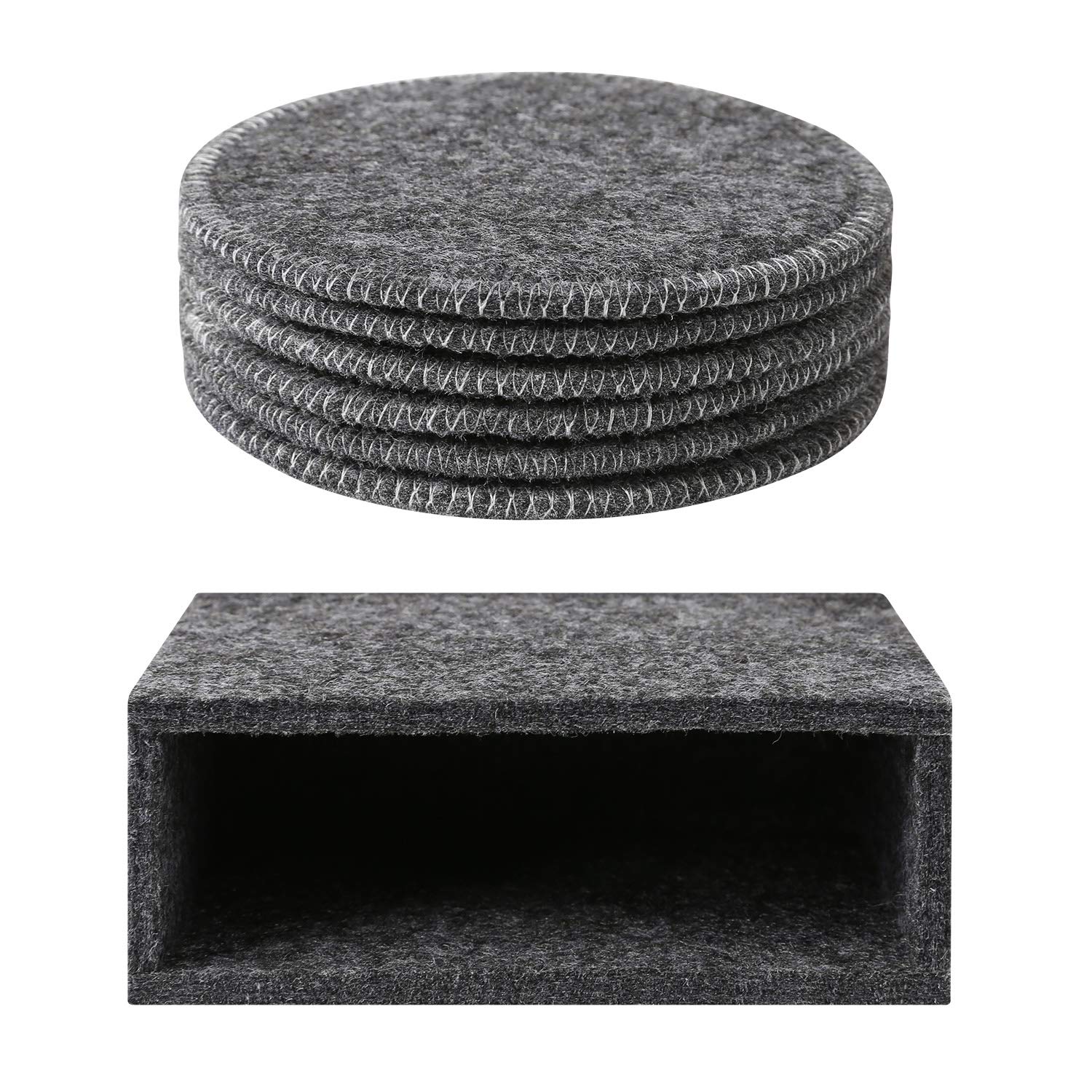 Drink Coasters Set Of 6 With Holder - Dark Gray Round Water Absorption Felt Mat, Prevent Furniture From Dirty And Scratched, Suitable For Kinds Of Mugs And Cups, 3.94 Inches Diameter