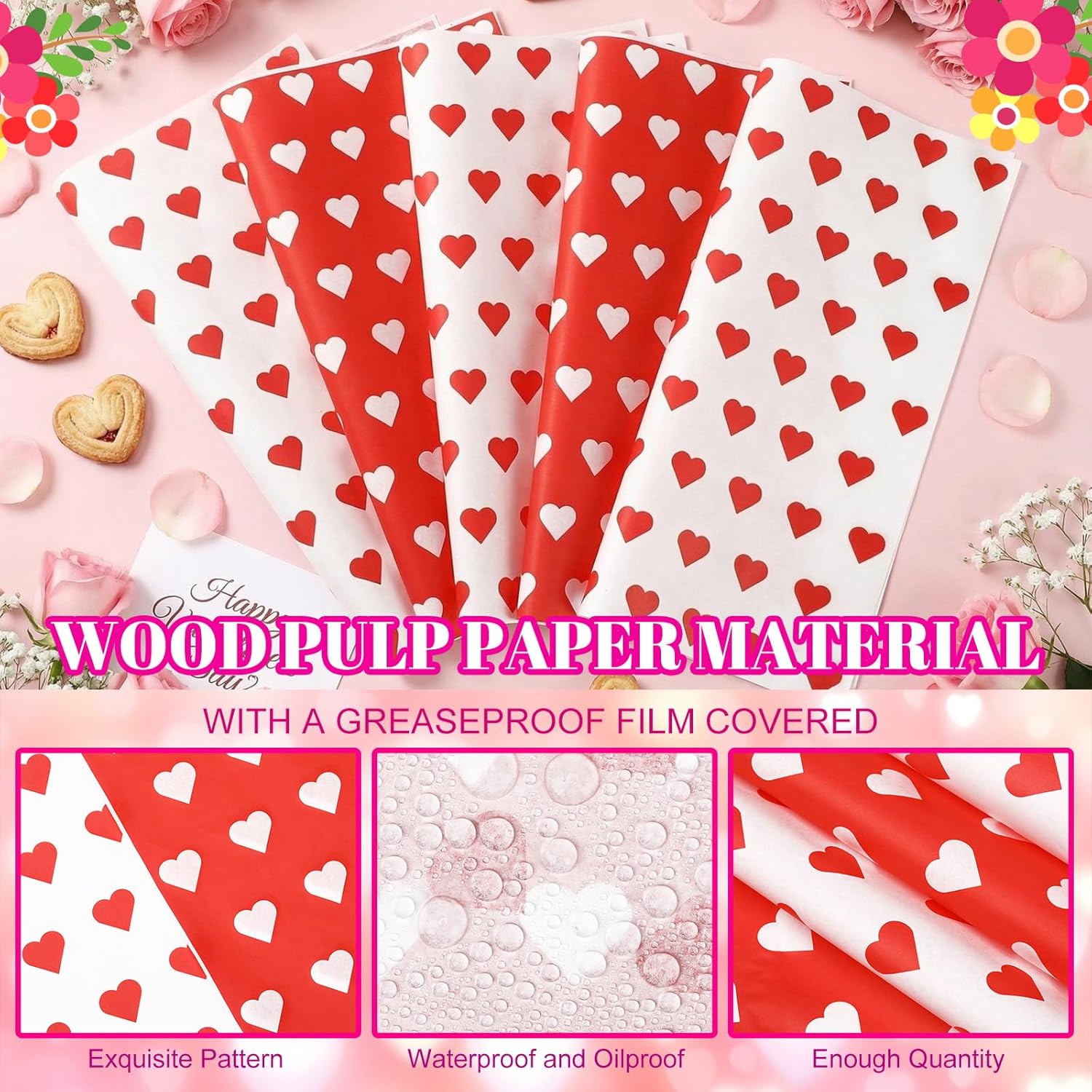 100 Pcs Valentine'S Day Wax Paper Sheets For Food Wrapping 12X12 Inch Deli Paper Sheets Heart Greaseproof Parchment Papers Food Basket Liners For Sandwich Burgers Fries(Red, White,Classic)