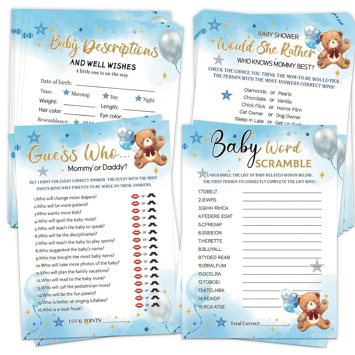 Baby Shower Games For Boy Girl, 4 Fun Games For 25 Guests, Who Knows Mommy Best, Guess Who Mommy Or Daddy, Word Scramble, Baby'S Descriptions & Well Wishes, Blue Bear Baby Showers Decorations