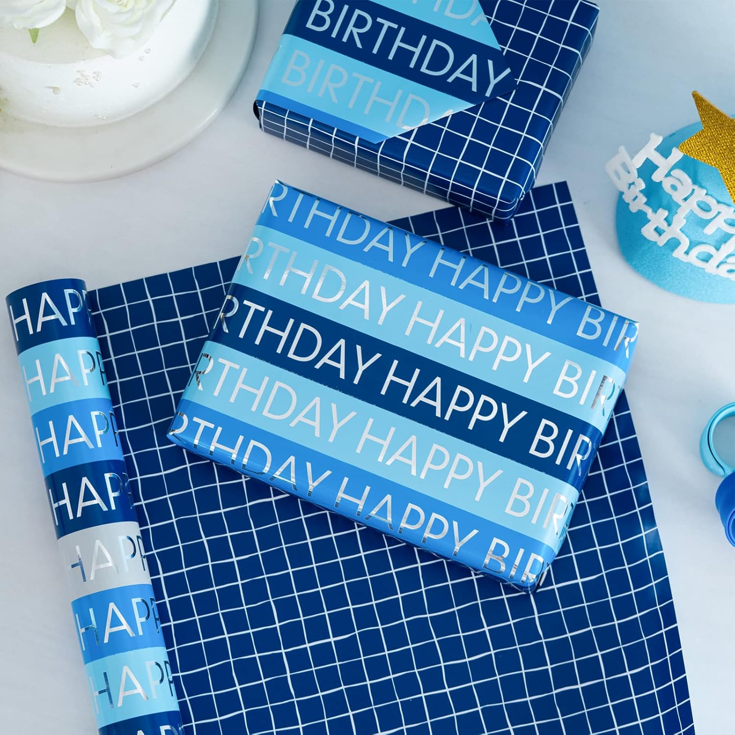 Reversible Wrapping Paper Roll For Men Women, Mini Roll, Happy Birthday And Plaid Pattern Gift Wrap Paper Great For Birthday, Party, Baby Shower, 17.5 Inches X 32.8 Feet