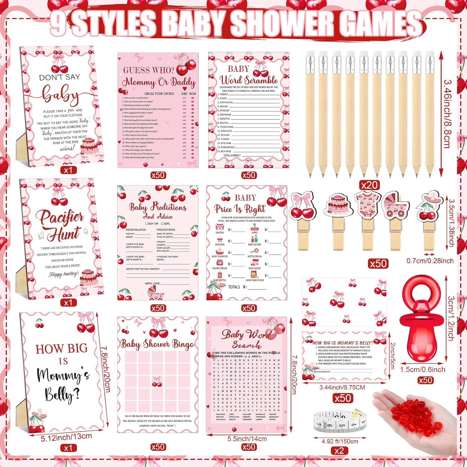 476 Pcs Cherry Baby Shower Games 6 Sets Activities Cards Pacifier Hunt Game 50 Pacifiers How Big Is Mommy'S Belly Sign 50 Guessing Cards 2 Measuring Tape Don'T Say Baby Sign 50 Clothespin