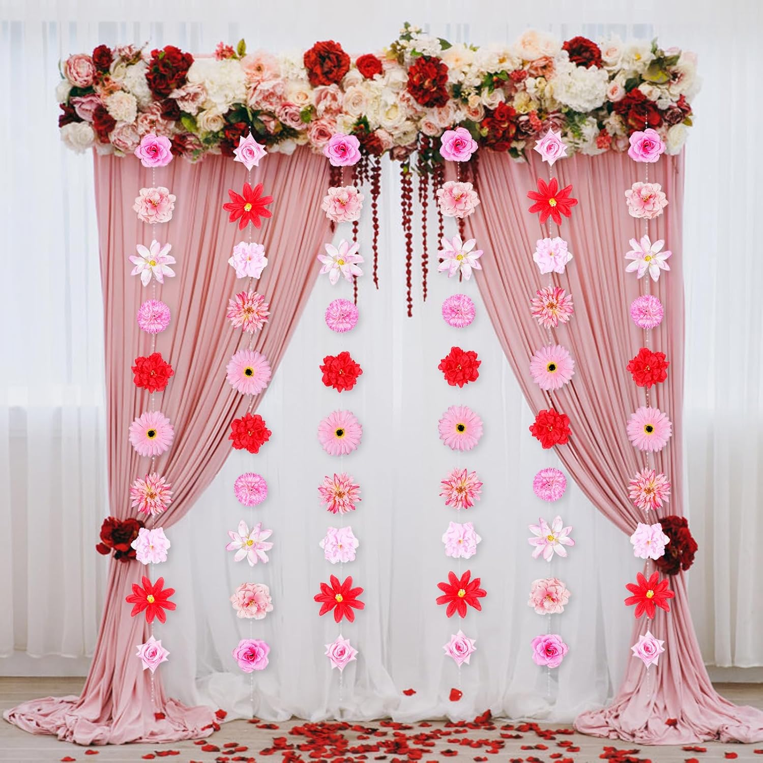 6Pcs 48Ft Artificial Flower Garland With Pearl Chain. Large Silk Floral Hanging Vines For Wall, Door, Lights Decoration. Wedding, Birthday Party Backdrop Decor. Flower Hanging Garland Included (Red)