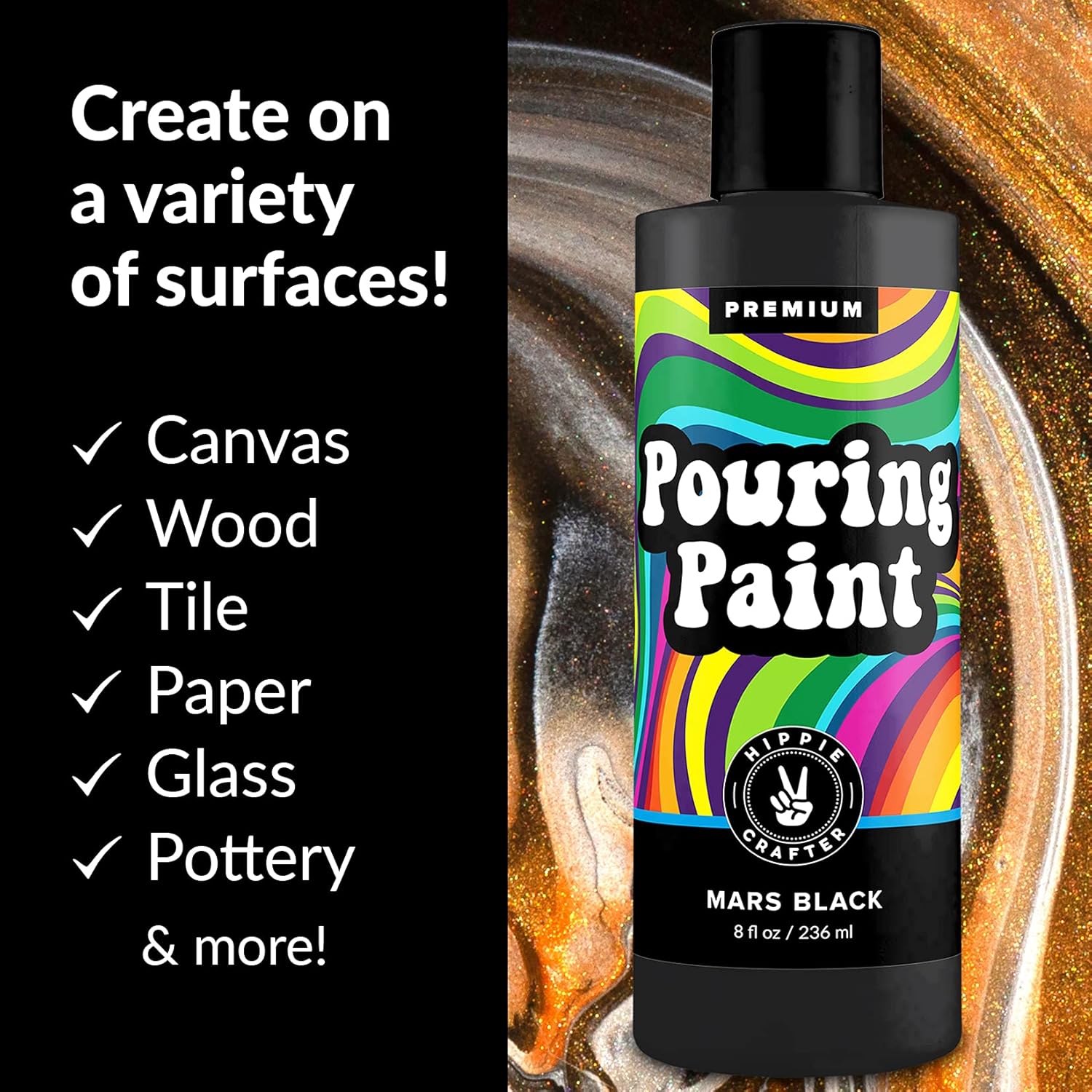 Black Acrylic Pouring Paint, Mars Black, 8Oz (236Ml) Bottle, For Pour Art And Flow Painting
