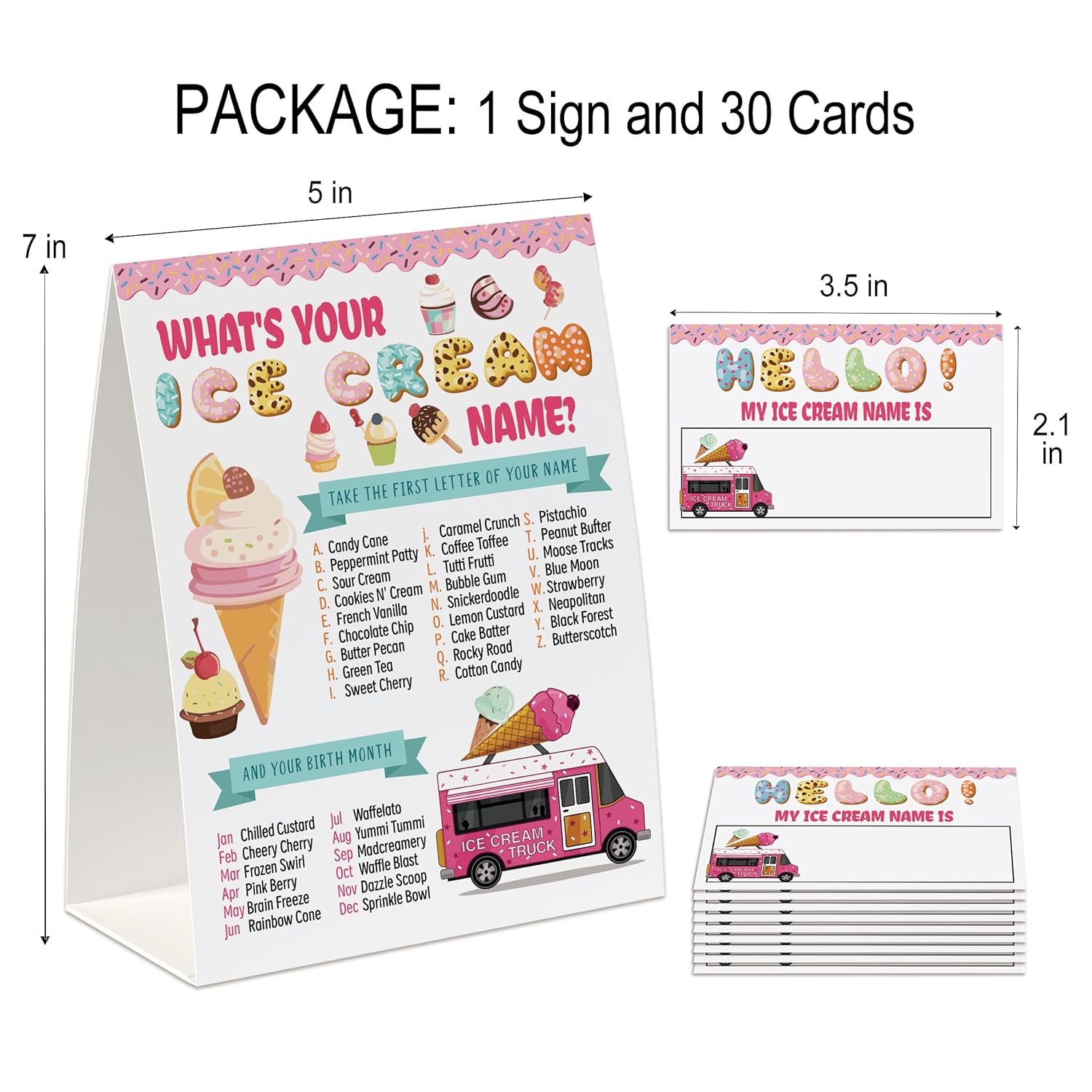 What'S Your Ice Cream Name Card Game, Baby Shower Games, 30 Name Stickers And 1 Sign, Birthday Game For Adult Parties(Ptmzg14)