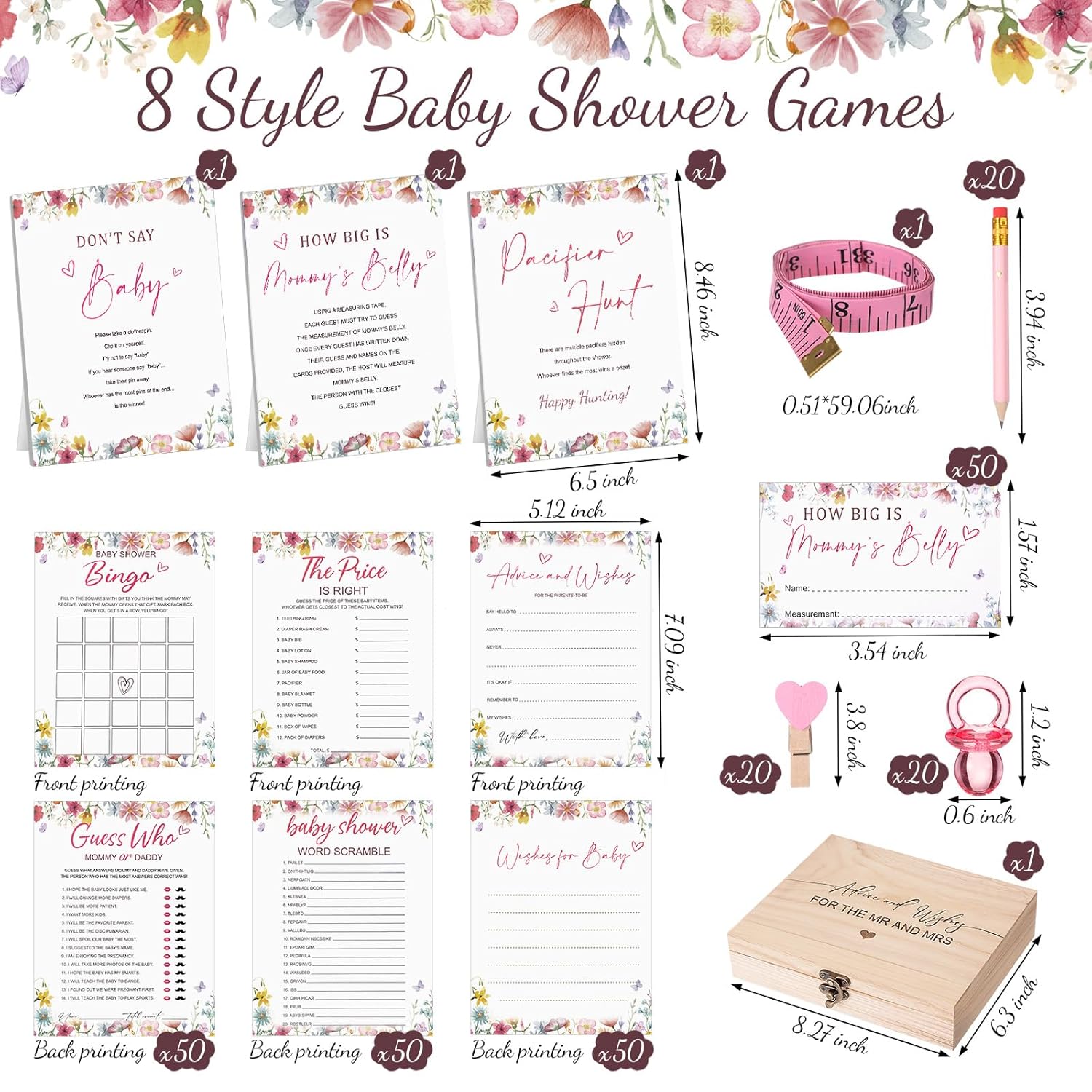 Baby Shower Games 8 Games Floral Theme Baby Shower Bingo, Price Is Right, Guess Who Mommy Or Daddy, Word Scramble Fun And Easy To Play Game Activity For Party Favors