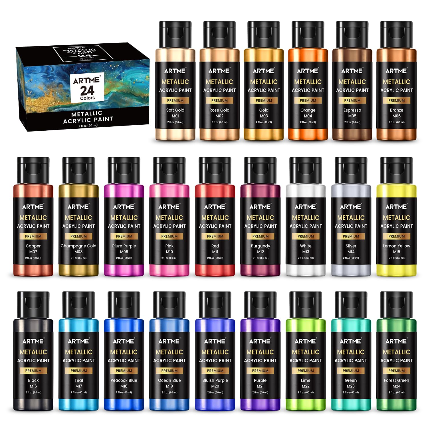 Metallic Acrylic Paint Set, 24 Metallic Colors In 2 Oz/60Ml Bottles, Metallic Shining Acrylic Paint, Rich Pigments Paint Perfect For Artists, Beginners On Canvas, Rocks, Wood, Fabric, Ceramic