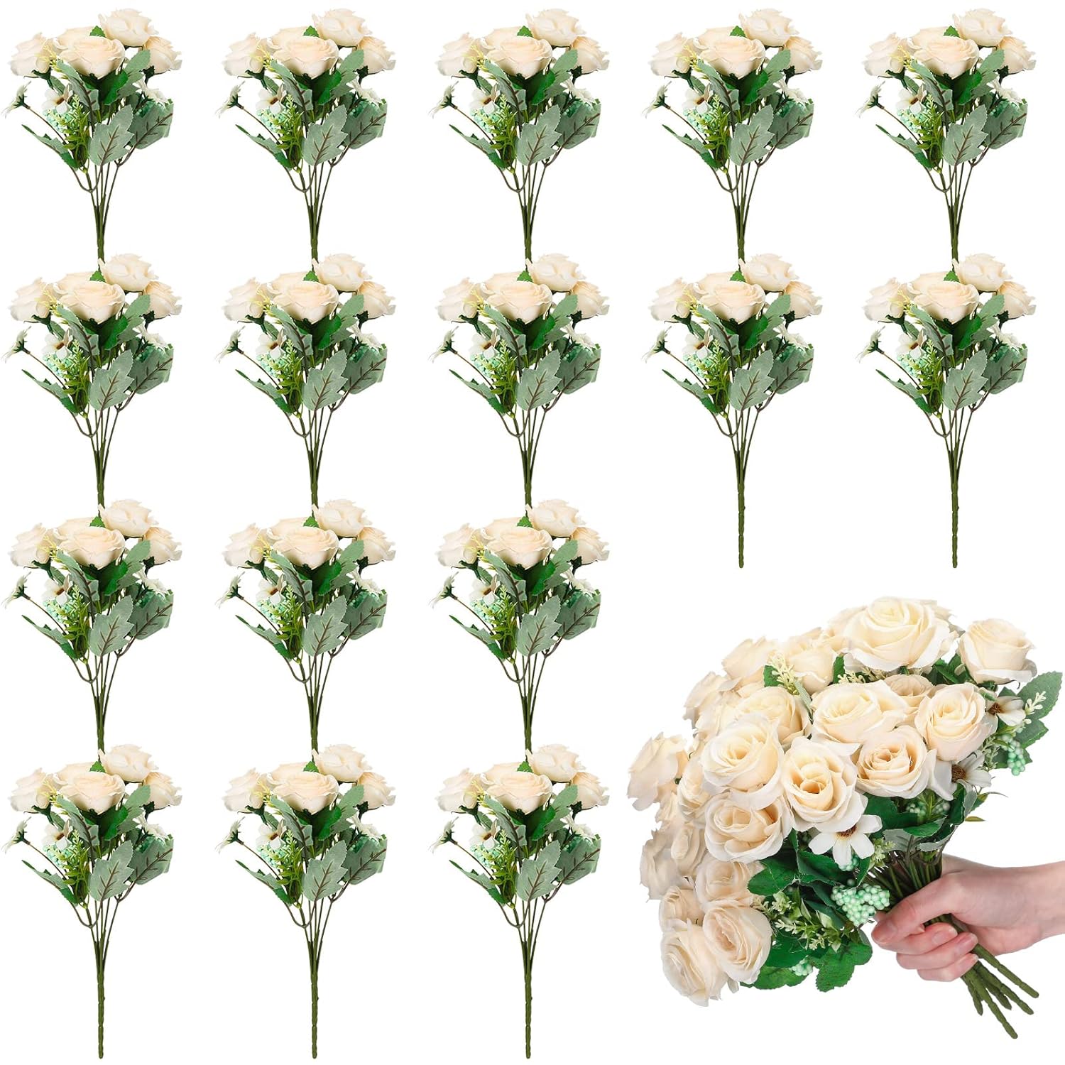 16 Pack Flower Bridesmaid Bouquets Fake Roses Artificial Silk Flowers Bulk For Bridesmaid Bridal Wedding Vase Faux Rose Bridal Rose Bouquets Wedding Party Decor(White)