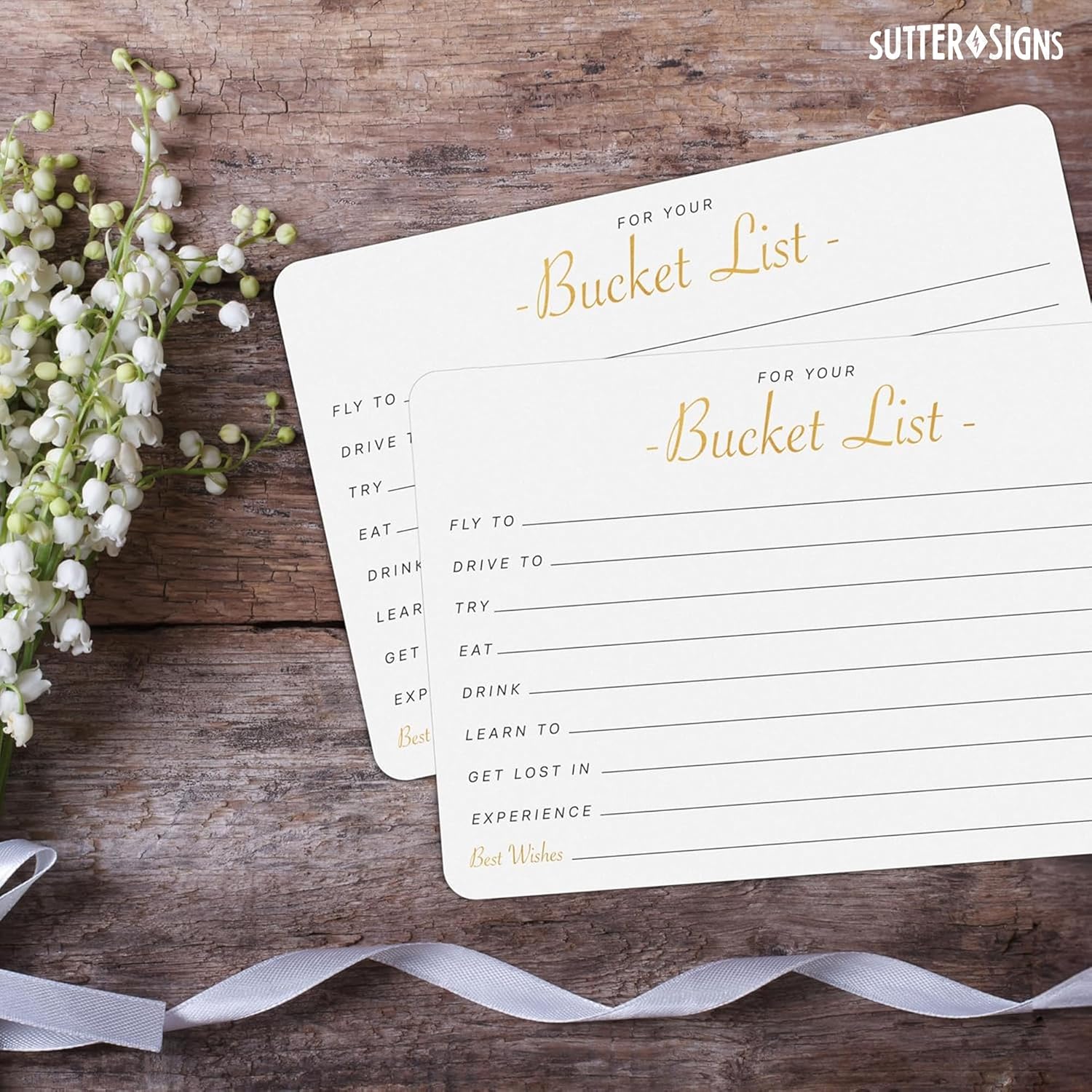 Bucket List Suggestion Cards 50 Pcs | For Wedding Guest Book, Retirement Party Games, Couples Travel, Adventure Activities. Gold Foil Note Cards 4X6 Inch
