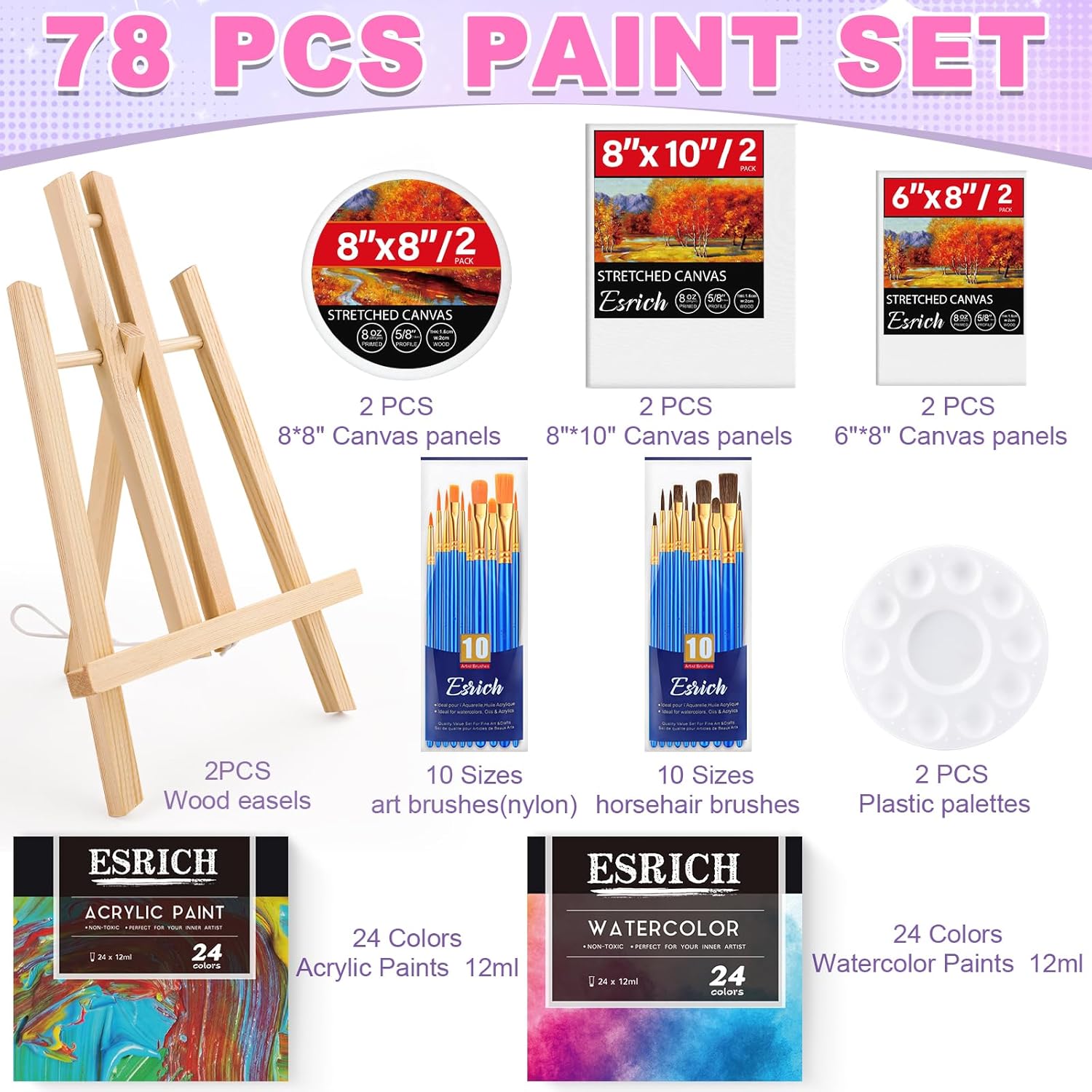 78Pcs Acrylic Paint Set With Wood Easel, Paint Brushes, Canvases, Art Painting Supplies Kit For Kids, Students, Artists And Beginners