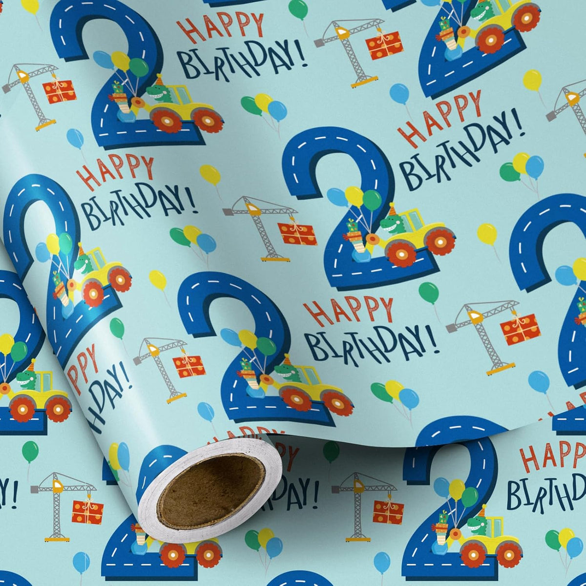 Birthday Wrapping Paper For Boy - Mini Roll - Dinosaur Truck Happy Birthday Design For Boys' Birthday Party And More - 17 Inches X 16.4 Feet - 2 Year Old