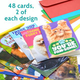 48 Funny Thank You Cards With Colorful Envelopes And Gold Stickers - Bulk 4X6” Boxed Set For Employee Appreciation Cards, Kids, Friends, Staff And Customers - Cute Animal Designs