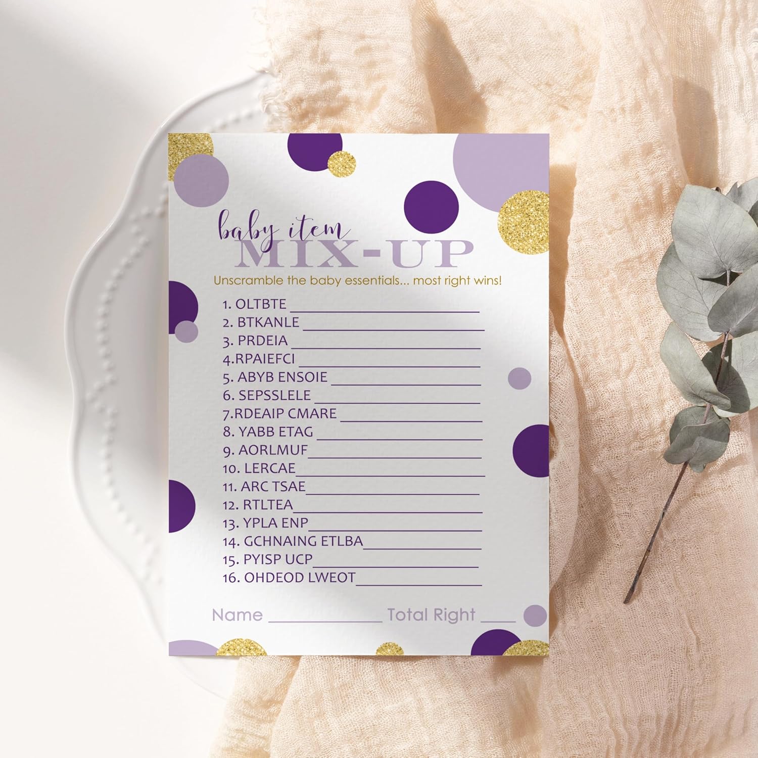 Purple And Gold Baby Shower Games - Word Scramble Game For Girls Or Boys - Fun Gender Reveal Activity With Prizes - Prince Or Princess Theme - 25 Pack, Royal Mermaid Design
