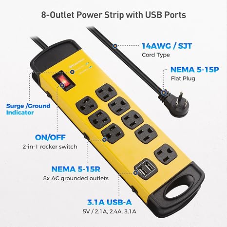 8 Outlet Surge Protector Power Strip with USB Ports 8 Ft Extension Cord