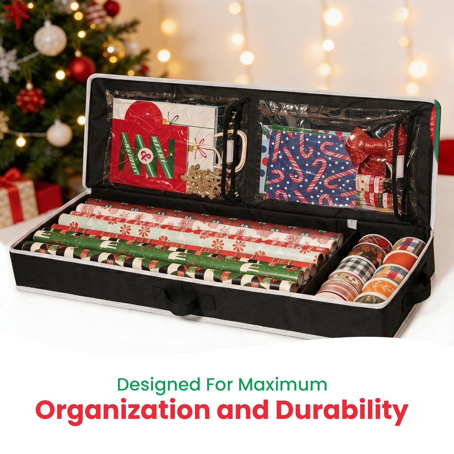 Gift Wrap Storage Organizer, Easily Organize Wrapping Paper, Ribbons, Bows, Scissors, Fits 18-24 Standard Rolls, Keeps Gift Supplies In Perfect Condition & Ready For Next Season, (Black)