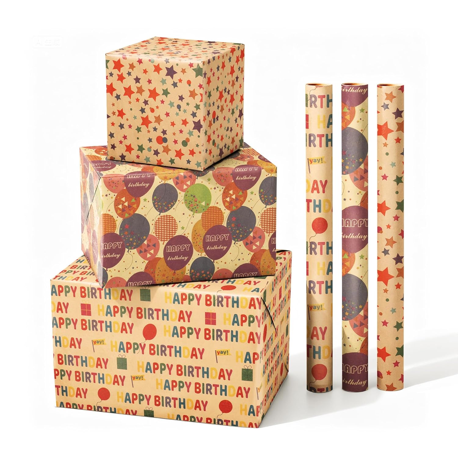 Brown Birthday Kraft Wrapping Paper Roll, Balloons Stars Happy Birthday Lettering For Kids Girl Boy, Perfect For Birthday Party, Baby Shower, 3 Rolls, 17 Inch X 9.8 Feet Per Roll