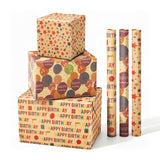 Brown Birthday Kraft Wrapping Paper Roll, Balloons Stars Happy Birthday Lettering For Kids Girl Boy, Perfect For Birthday Party, Baby Shower, 3 Rolls, 17 Inch X 9.8 Feet Per Roll