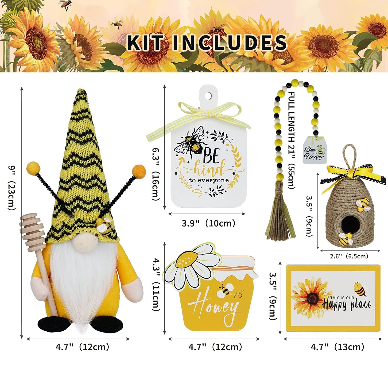 Bumble Bee Tray Decor Set, Gnome Tiered, Farmhouse Decor, Gnome Plush, 3 Signs, Bee Hive, Wood Garland, Rustic Kitchen Decor,Spring Summer Tray Décor, 6Pcs