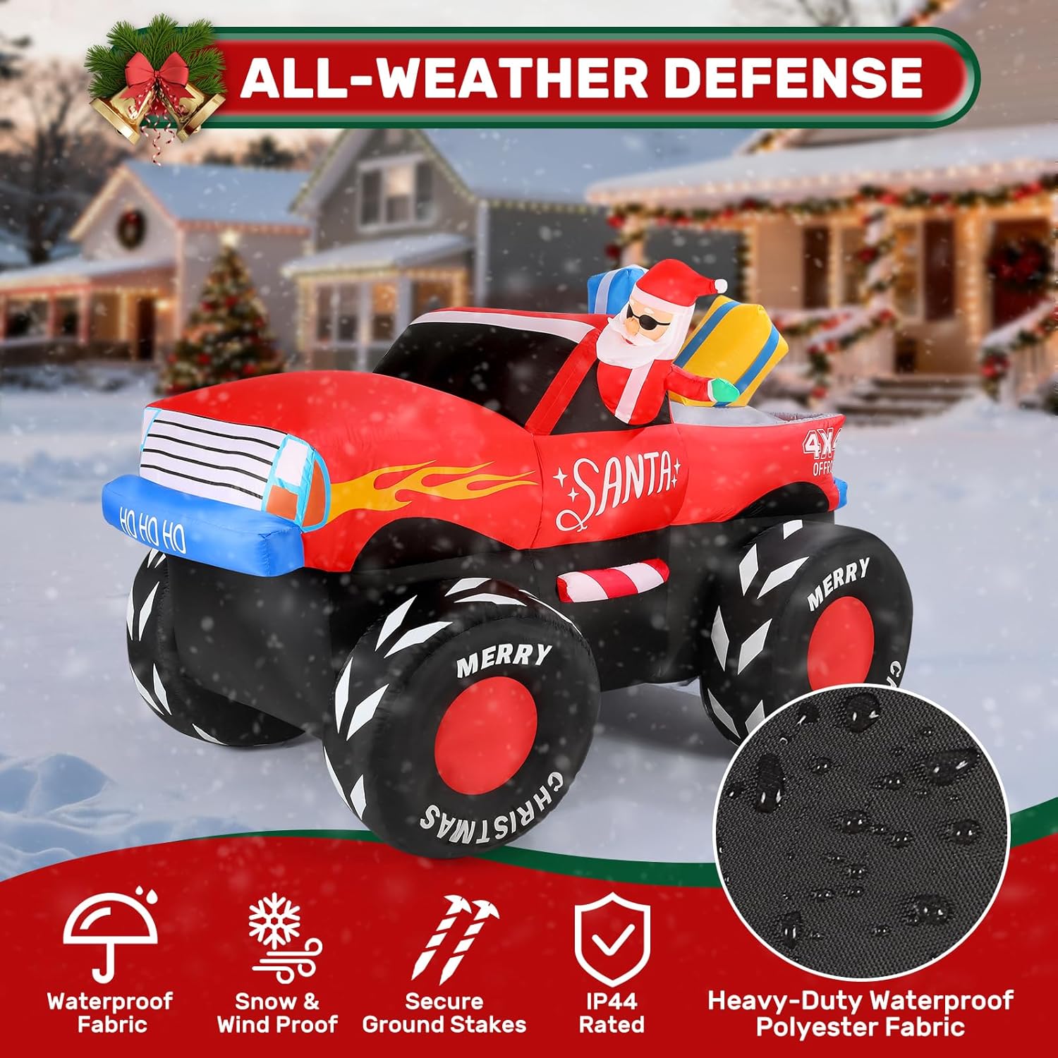 7Ft Christmas Inflatables Outdoor, Santa Claus On Monster Truck Blow Up Yard Decor With Built-In Led Lights, Waterproof