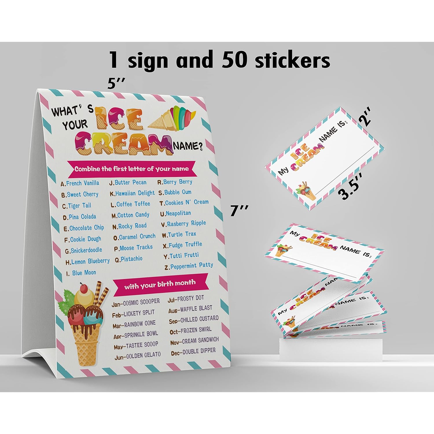 Ice Cream Name Game - 1 Sign And 50 Name Tag Stickers, Birthday Party Game For Kids And Adults, Office Or Class Activity