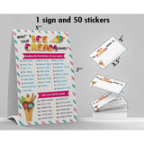 Ice Cream Name Game - 1 Sign And 50 Name Tag Stickers, Birthday Party Game For Kids And Adults, Office Or Class Activity
