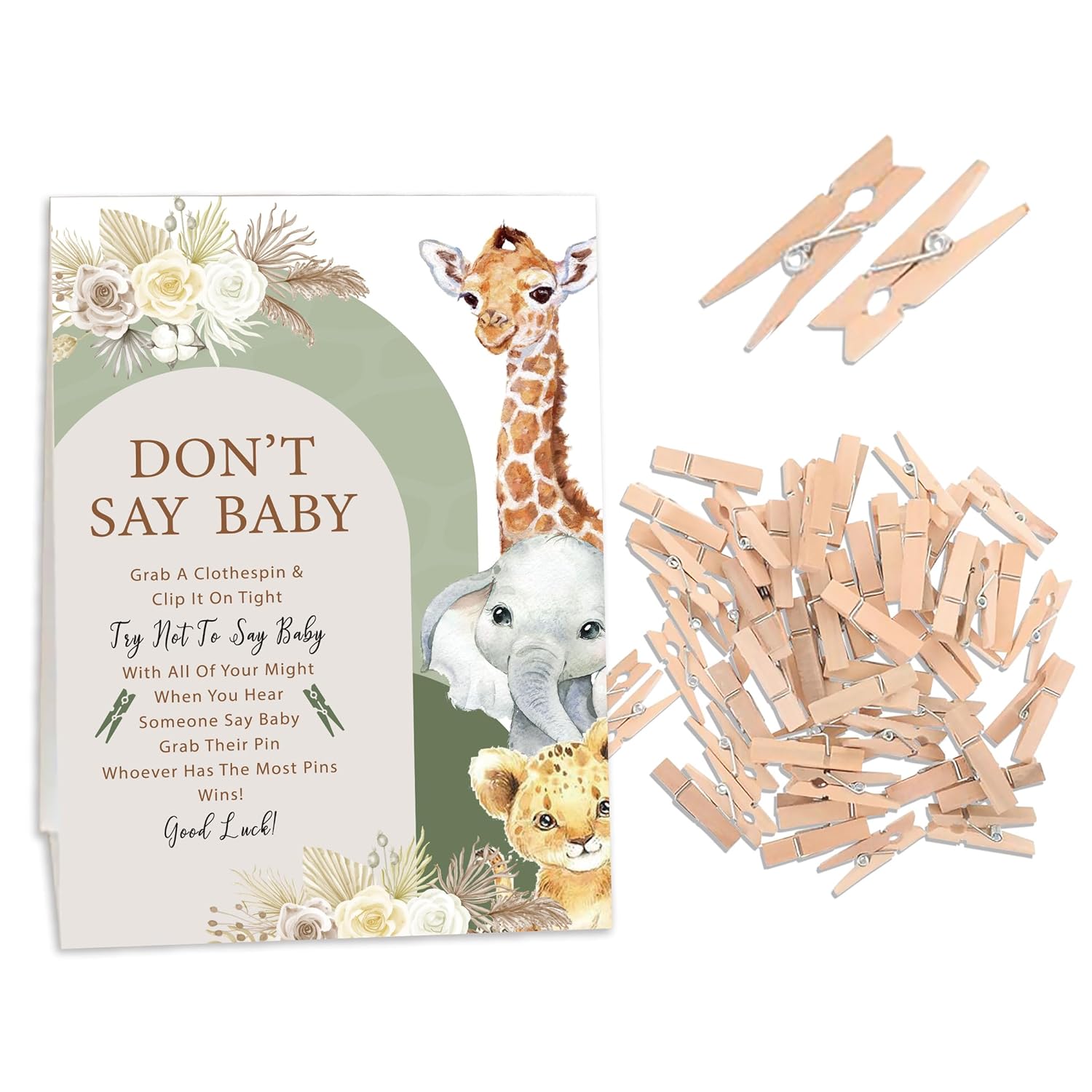 Boho Safari Baby Shower Games, Don'T Say Baby Game For Baby Shower (One Sign With 50 Mini Clothespins), Pampas Grass Wild Animals Theme Baby Shower Decorations, Gender Reveal Game-Dsbb20