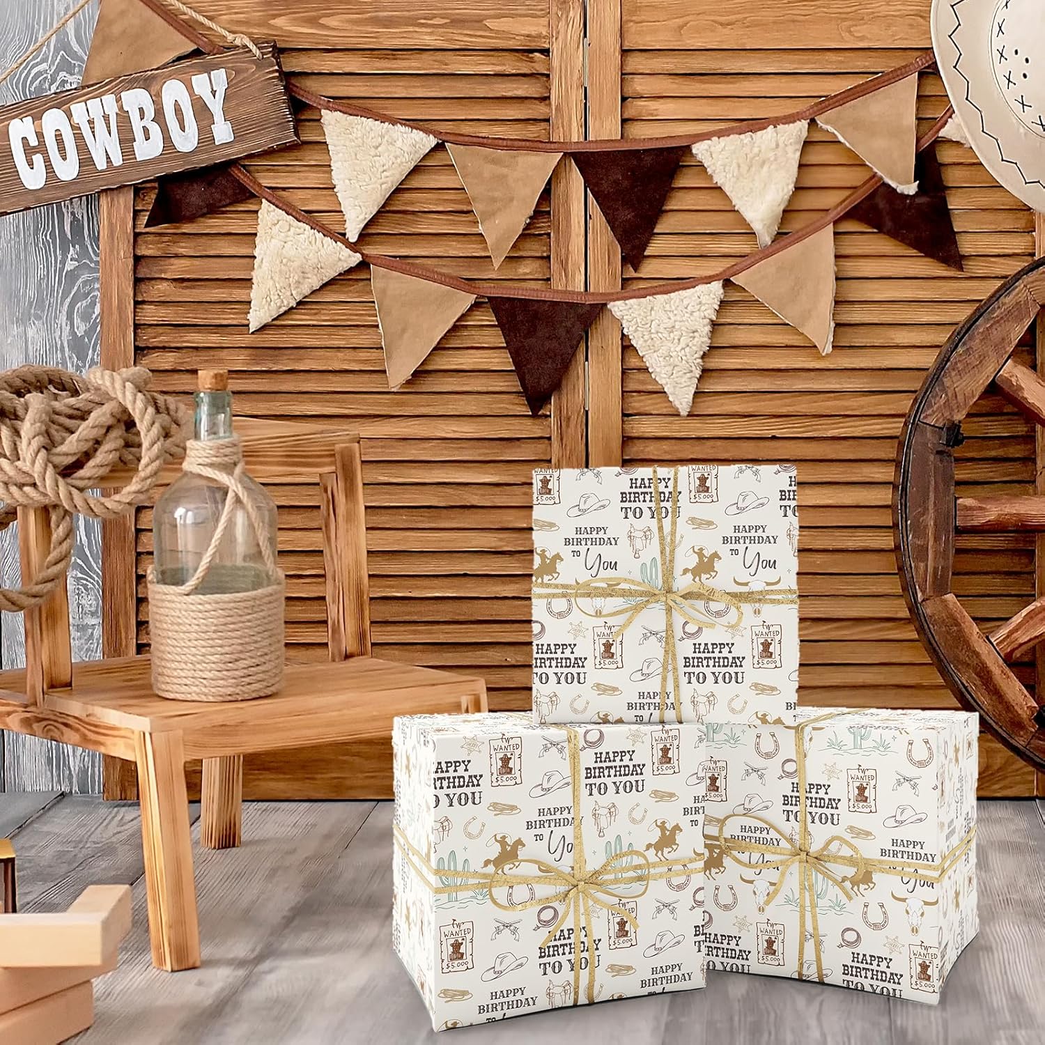 6 Sheets Happy Birthday Wrapping Paper - Not Roll - Western Cowboy Gift Wrap Paper Folded Flat For Wild West Rodeo Birthday Diy Crafts, 19.7 X 27.6 Inch