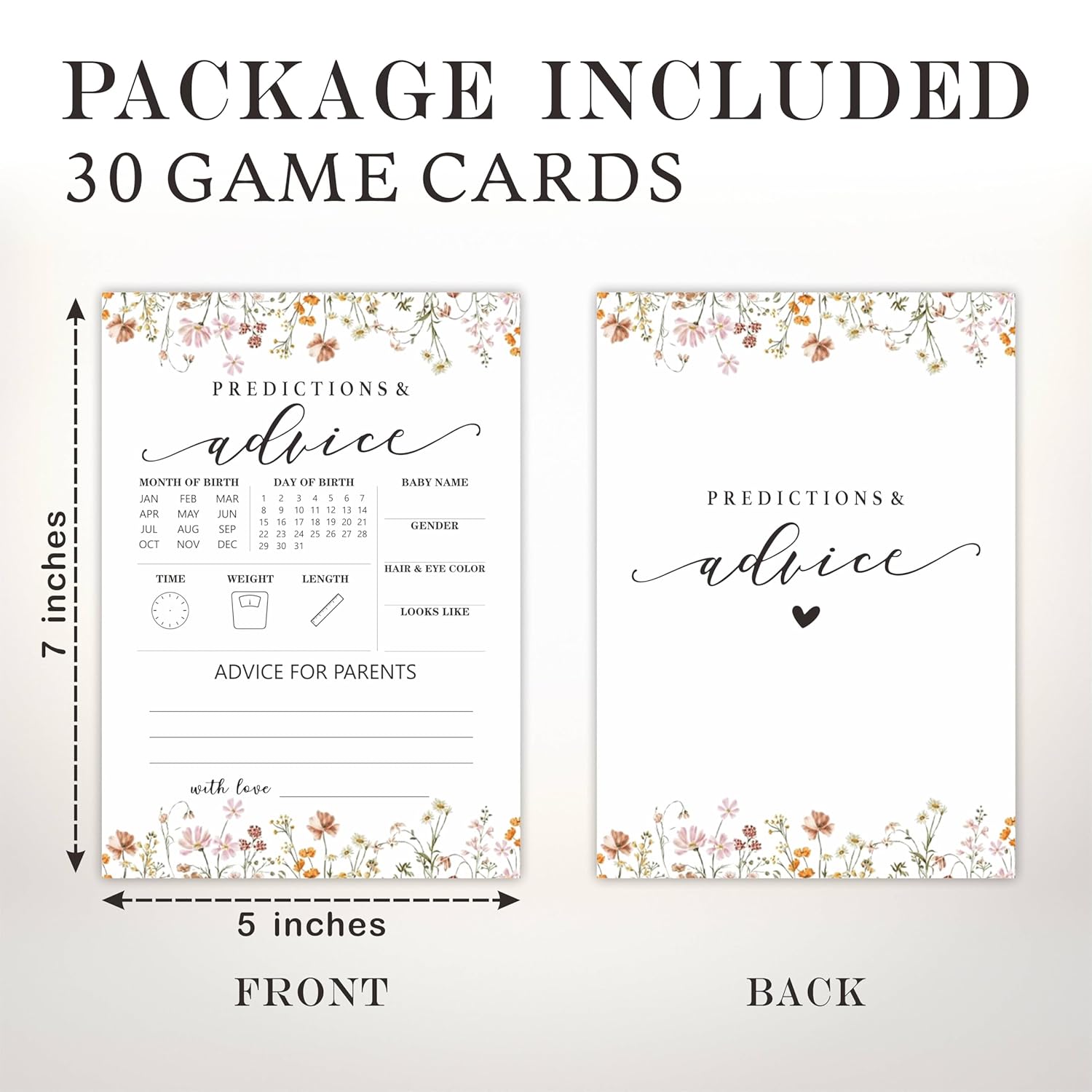 Baby Shower Game Cards, 30 Floral Theme Double-Sided Game Cards For Baby Announcement,Baby Predictions & Advice Game Cards, Spring Flower, Gender Reveal Party Favor, Activity - C05