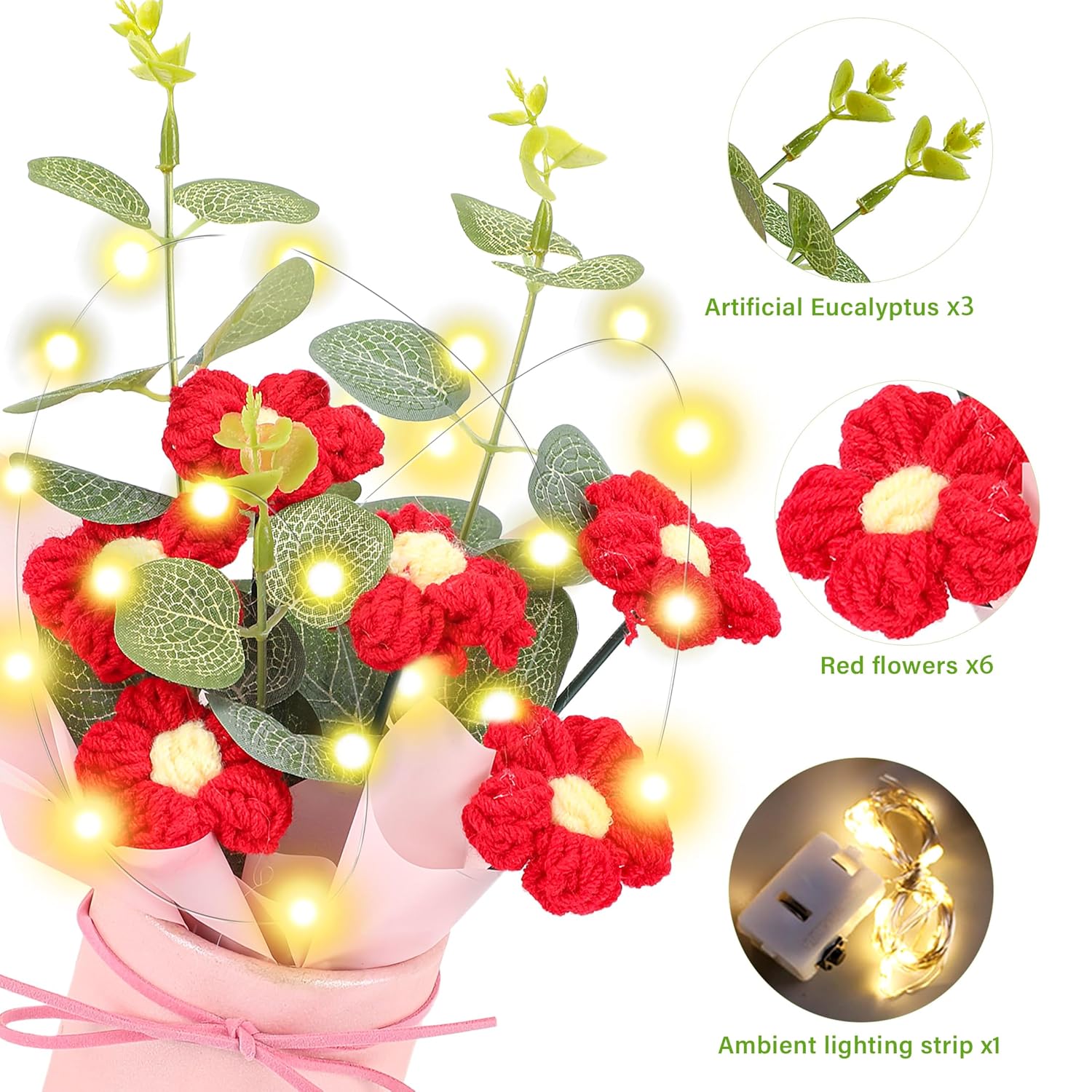 Crochet Flower Bouquet, Valentine'S Day Crochet Bouquet Of Flowers, Handmade Knitted Flowers With Card For Anniversary, Birthday, Wedding, Gift For Women (Red)