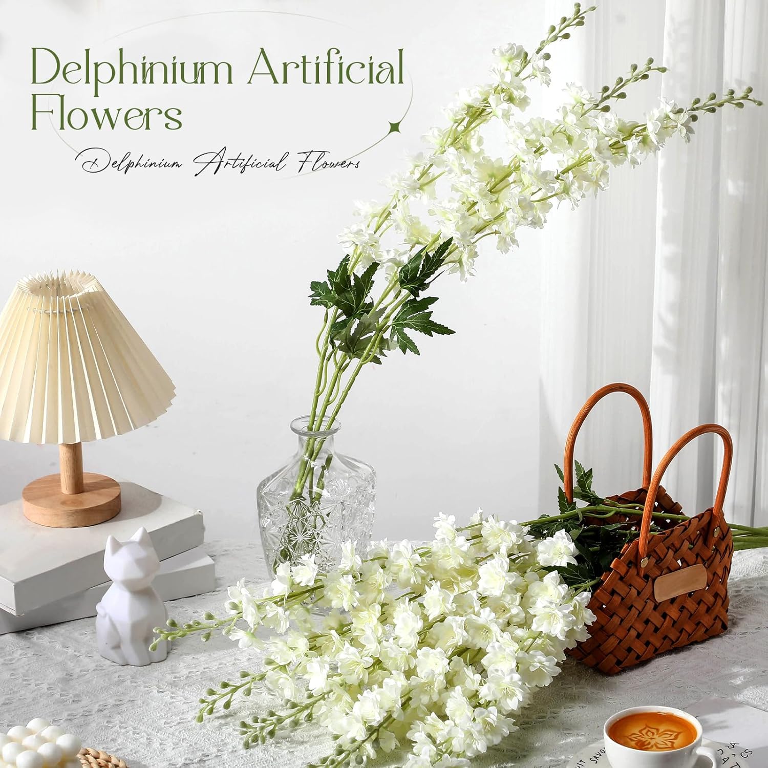 12 Pcs Delphinium Artificial Flowers, 33.5'' Long Stem Lifelike Faux Silk Flower Fake Look Real Bouquet For Tall Vase Diy Wedding Party Home Kitchen Arrangement Decor(White)