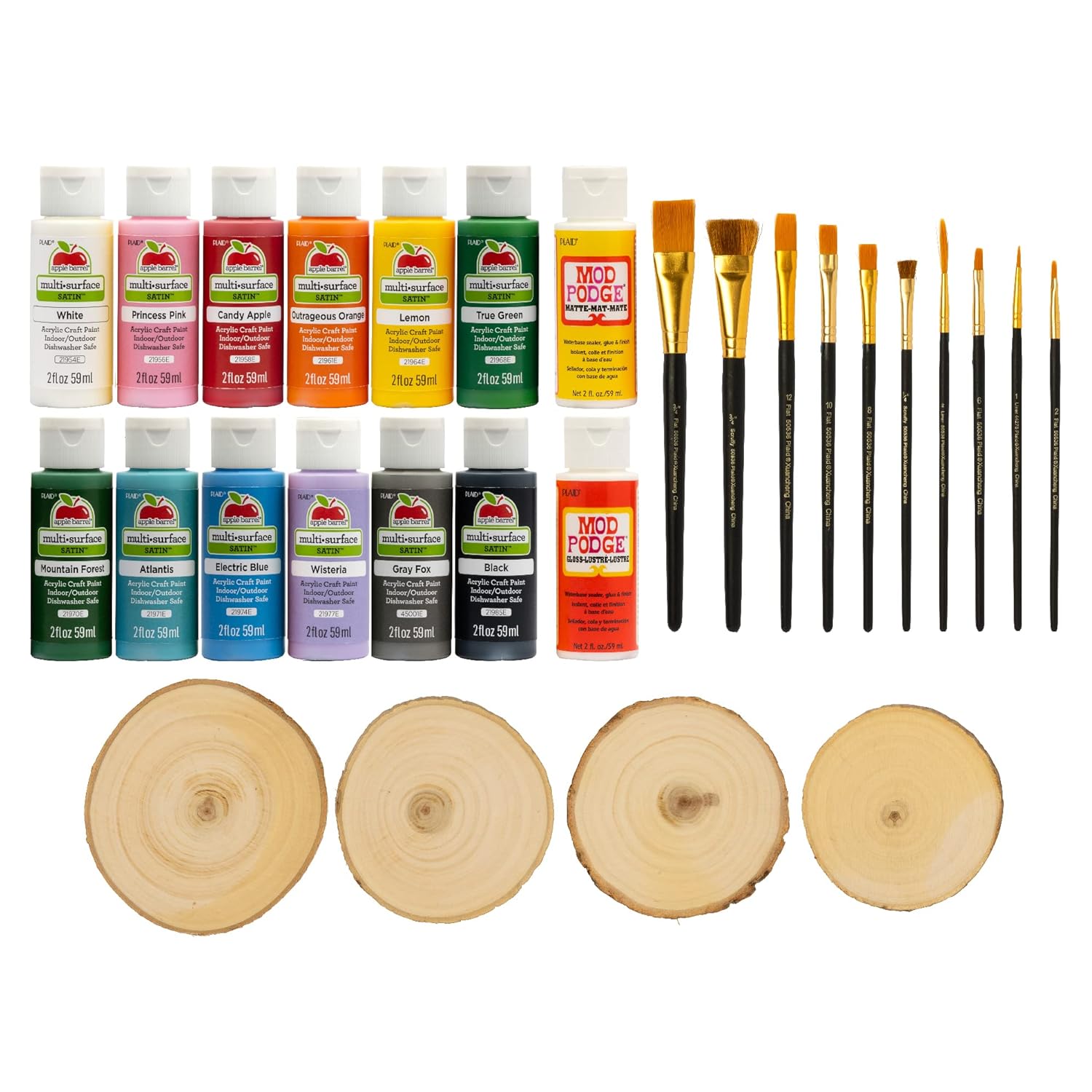 Apple Barrel PROMOABWR22 Wood Slices Acrylic Paint Set, 28 Piece DIY Craft Wood Set Featuring 12 Apple Barrel Paints, 2 Mod Podge Acrylic Sealers, 4 Wood Slices and 10 Brushes