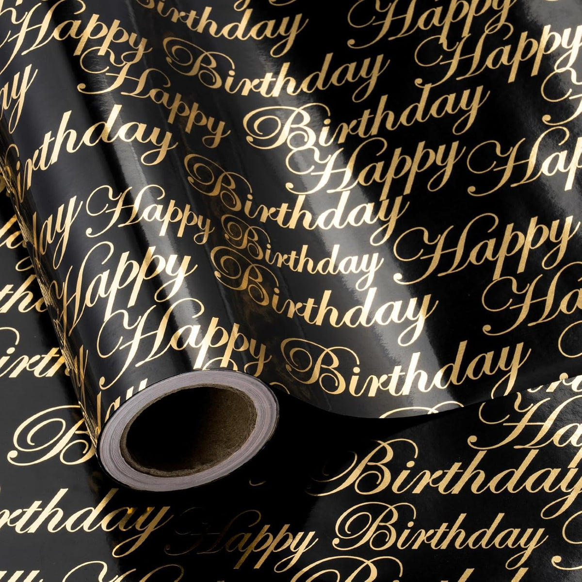 Reversible Birthday Wrapping Paper - Mini Roll - 17 Inch X 9.8 Feet - Black And Gold Foil Happy Birthday Wrapping Paper For Men, Boys, Baby Shower