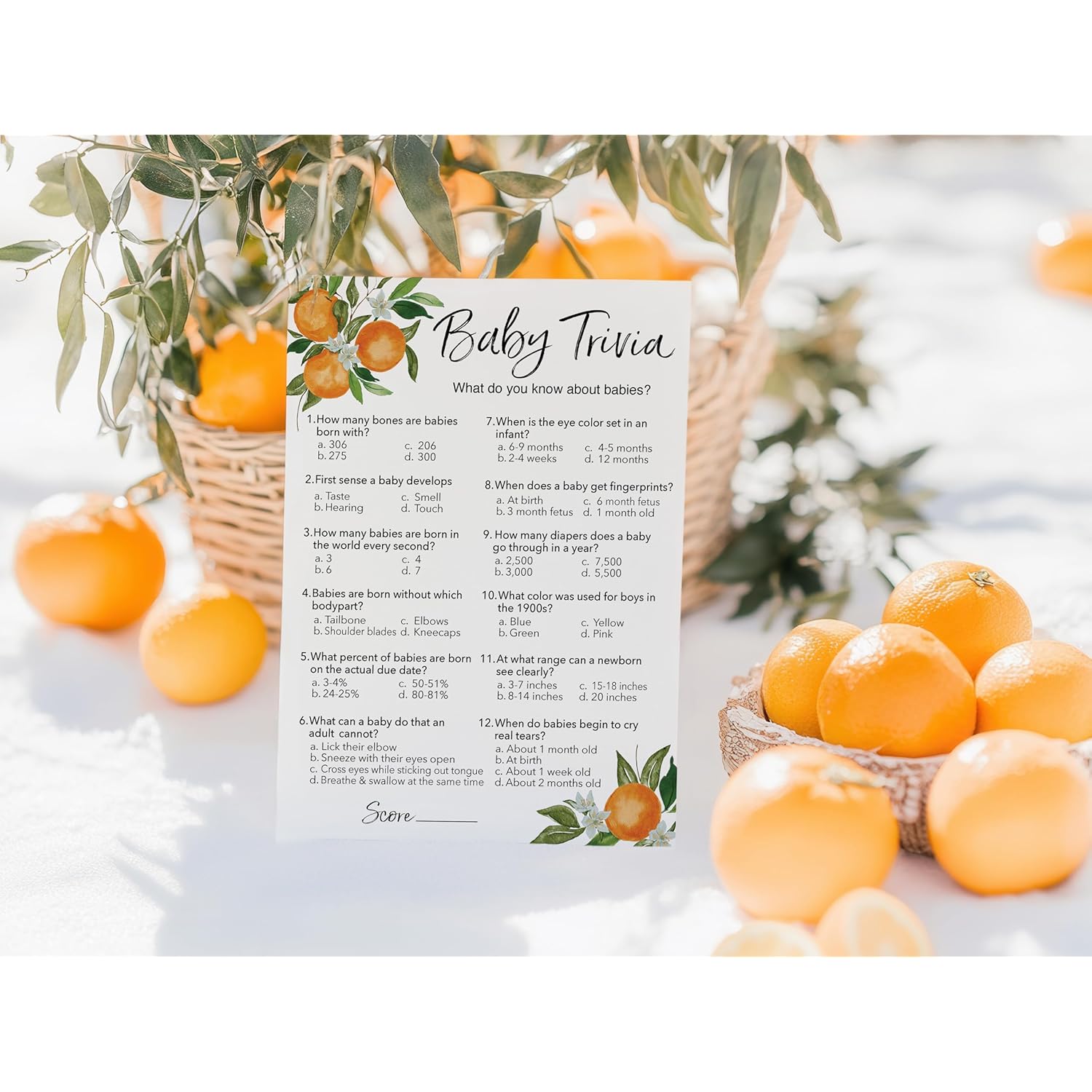 A Sweet Little Cutie Theme Baby Shower Games — Baby Trivia Game — Pack Of 25 — Citrus Orange, Fun Facts Shower Activity, Gender Neutral Couples Shower Co-Ed Shower Games G350-Trv