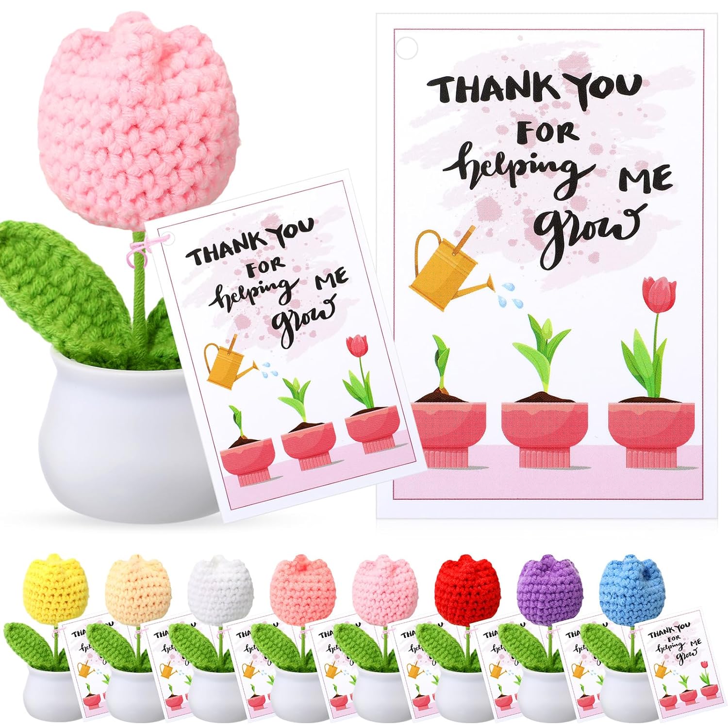 12 Sets Teacher Gifts Crochet Flowers With Thank You For Helping Me Grow Cards Appreciation Gifts For Teachers Coworkers Mentors Bosses Desk Decor(Tulip)