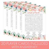 Baby In Bloom Baby Shower Word Search, Pink Floral Boho Girl Game Cards – 20 Count