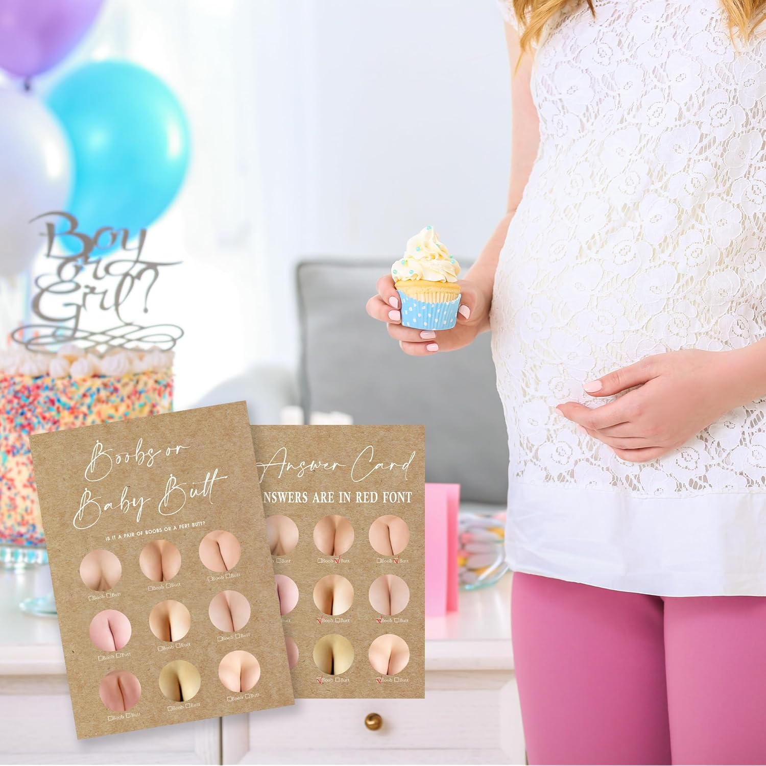Kraft Paper Baby Shower Game, 30 Minimalism Boobs Or Baby Butt Game Cards With 1 Answer Card, For Baby Boy Or Girl, Gender Reveal, Baby Shower Game Activity, Party Favors And Decorations-19