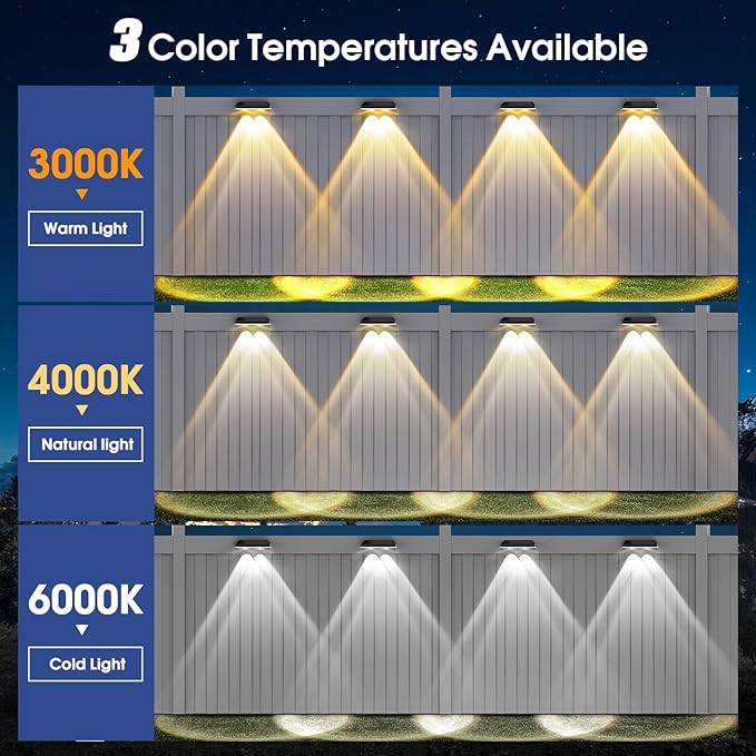 8 Pack Solar Fence Lights 3 Modes Warm Neutral Cool White IP65 Waterproof Step Lights