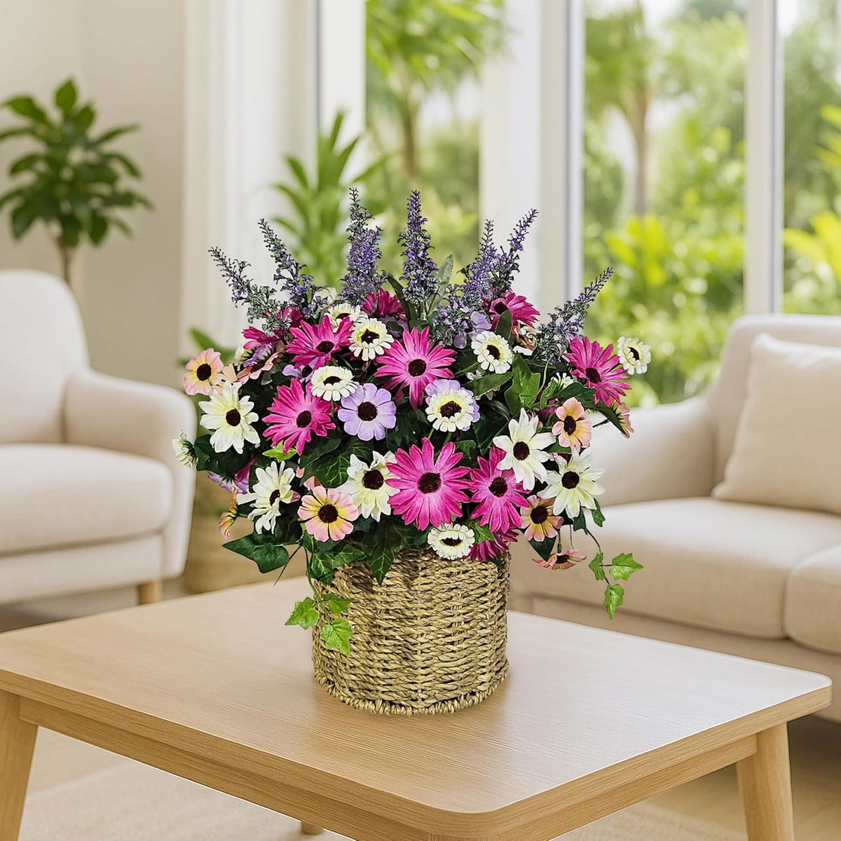 Artificial Wild Flowers With Basket Faux Silk Daisy Chamomiles With Lavender For Centerpiece Table Decoration Country Kitchen Decor For Cozy Welcoming Home Balcony Decor Rv-Decor