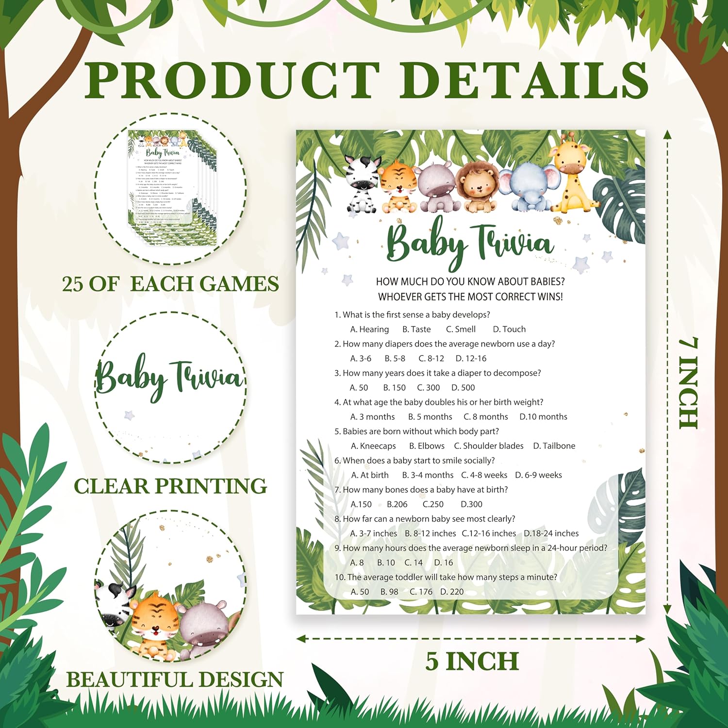 Safari Animals Baby Shower Games Cards, Baby Trivia Game Cards For New Parents Babyshower Activity, Wildlife Gender Reveal Party Games For Decorations Favors Supplies, Set Of 25-03