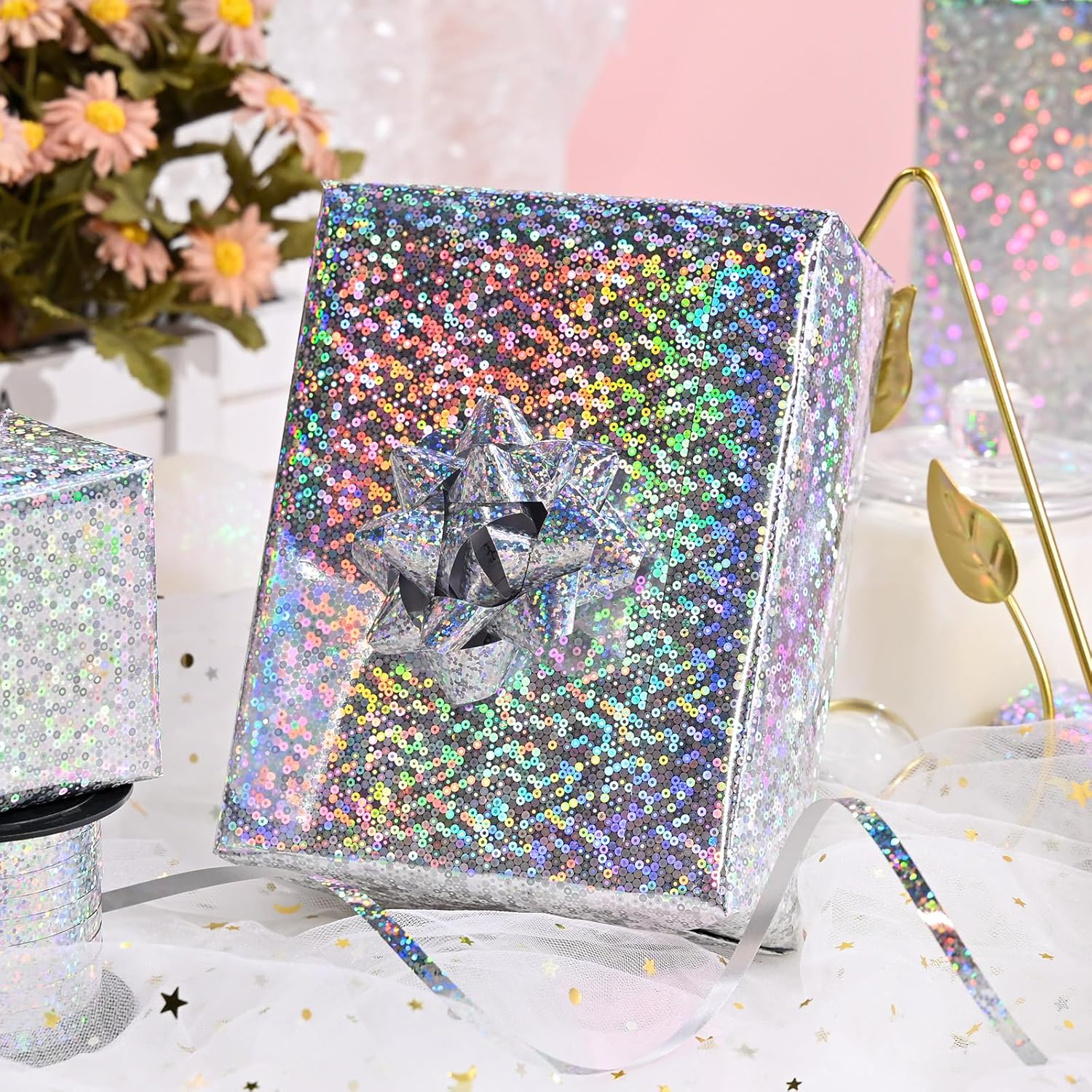 Silver Polka Dot Wrapping Paper Roll -17 In×32.8 Ft 1 Roll Metallic Holographic Foil Gift Wrap For Birthday, Wedding, Baby Shower, Valentine'S Day - 46.5 Sq.Ft.